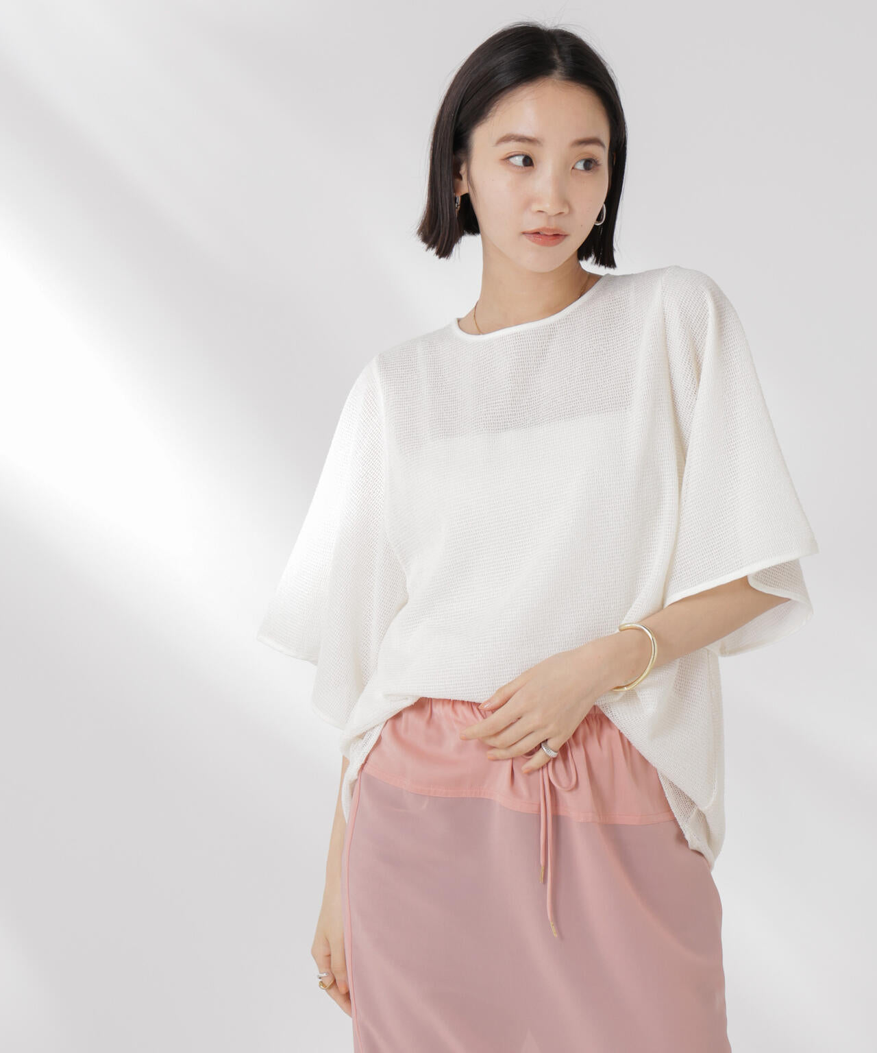 メッシュ×シフォンコンビチュニックトップス 6735124323