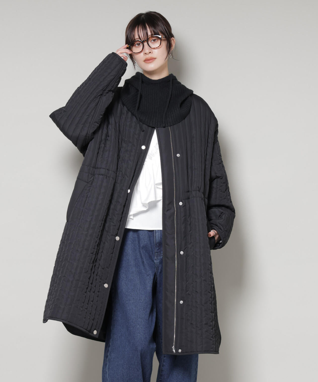 撥水加工 中綿 キルティング ウエストドロスト ノーカラーコート