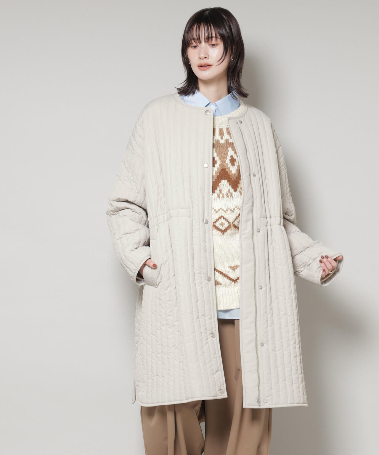 撥水加工 中綿 キルティング ウエストドロスト ノーカラーコート