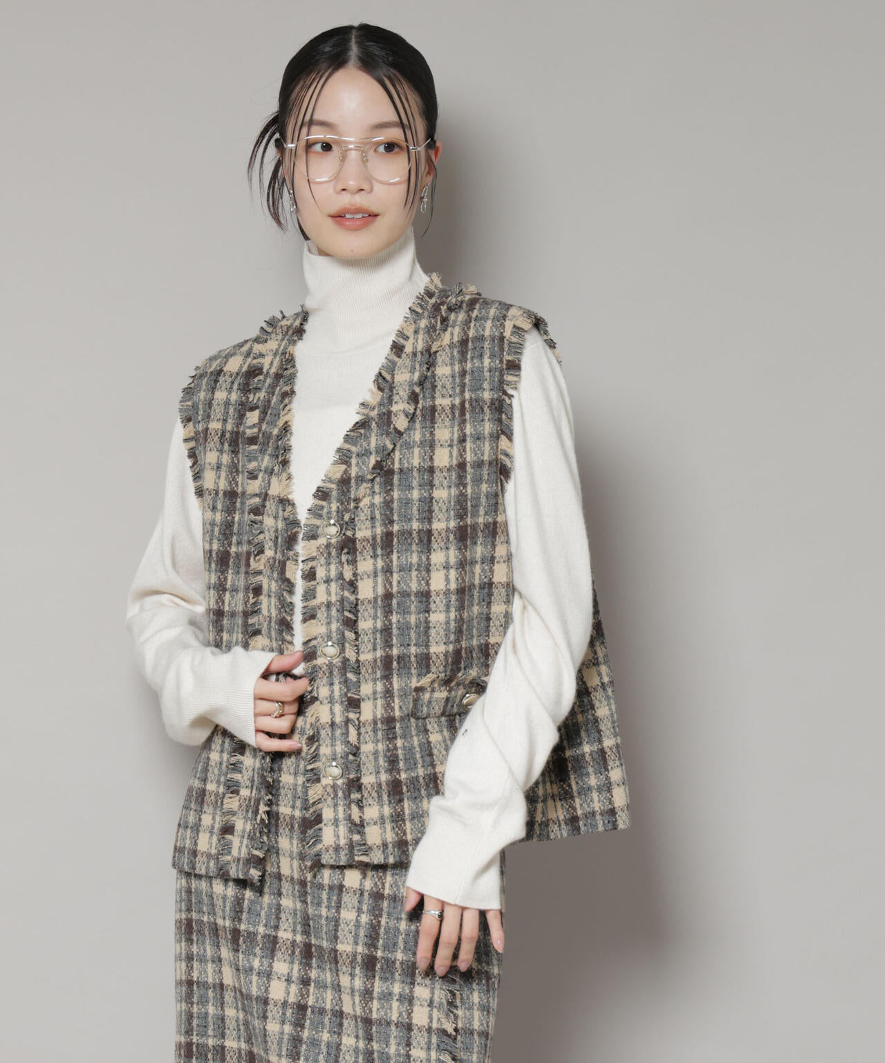 チェック フリンジ 金ボタンジレ ( セットアップ 可)