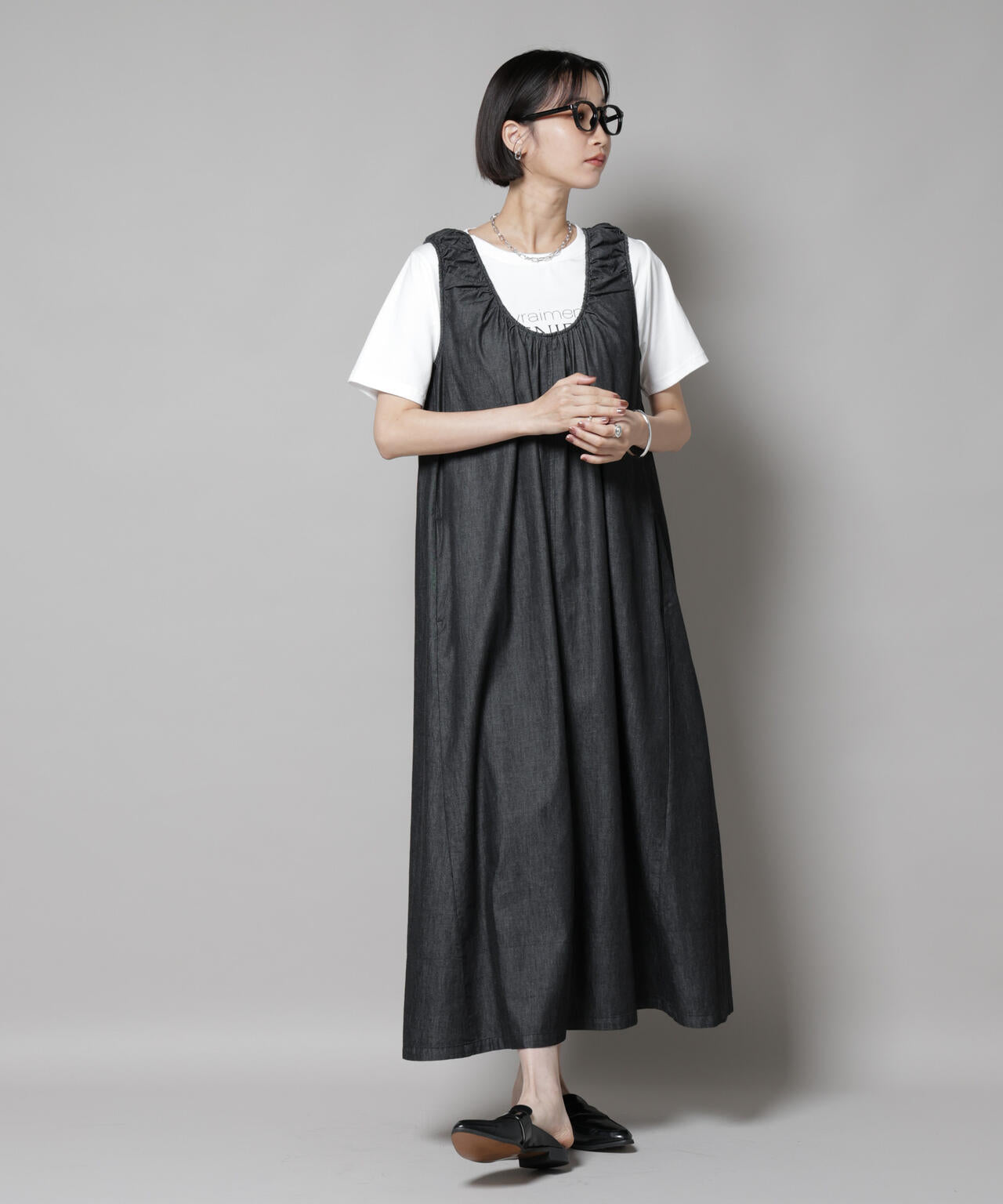 ギャザーデザインフレアデニムワンピース 6735219309