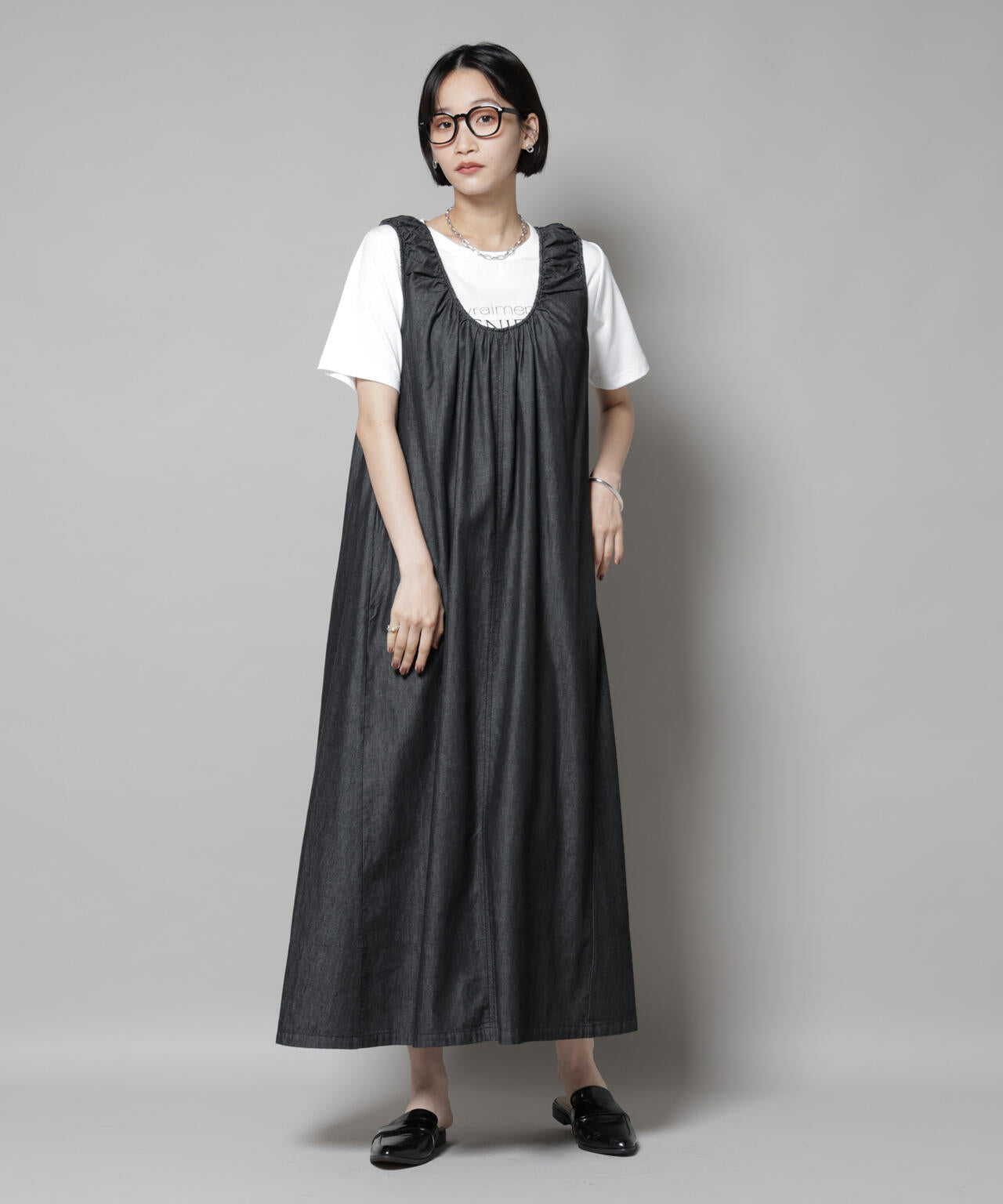 ギャザーデザインフレアデニムワンピース 6735219309