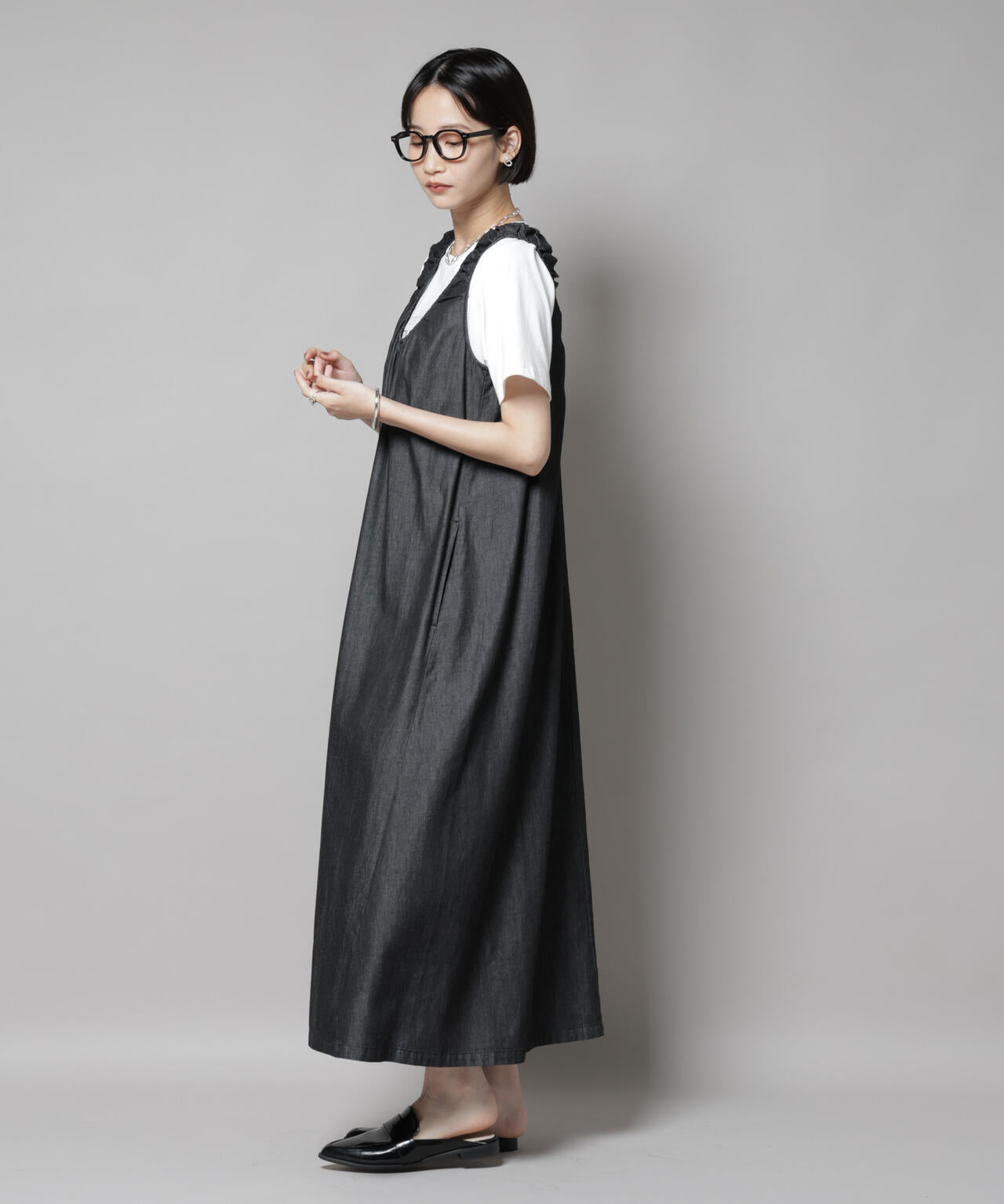 ギャザーデザインフレアデニムワンピース 6735219309