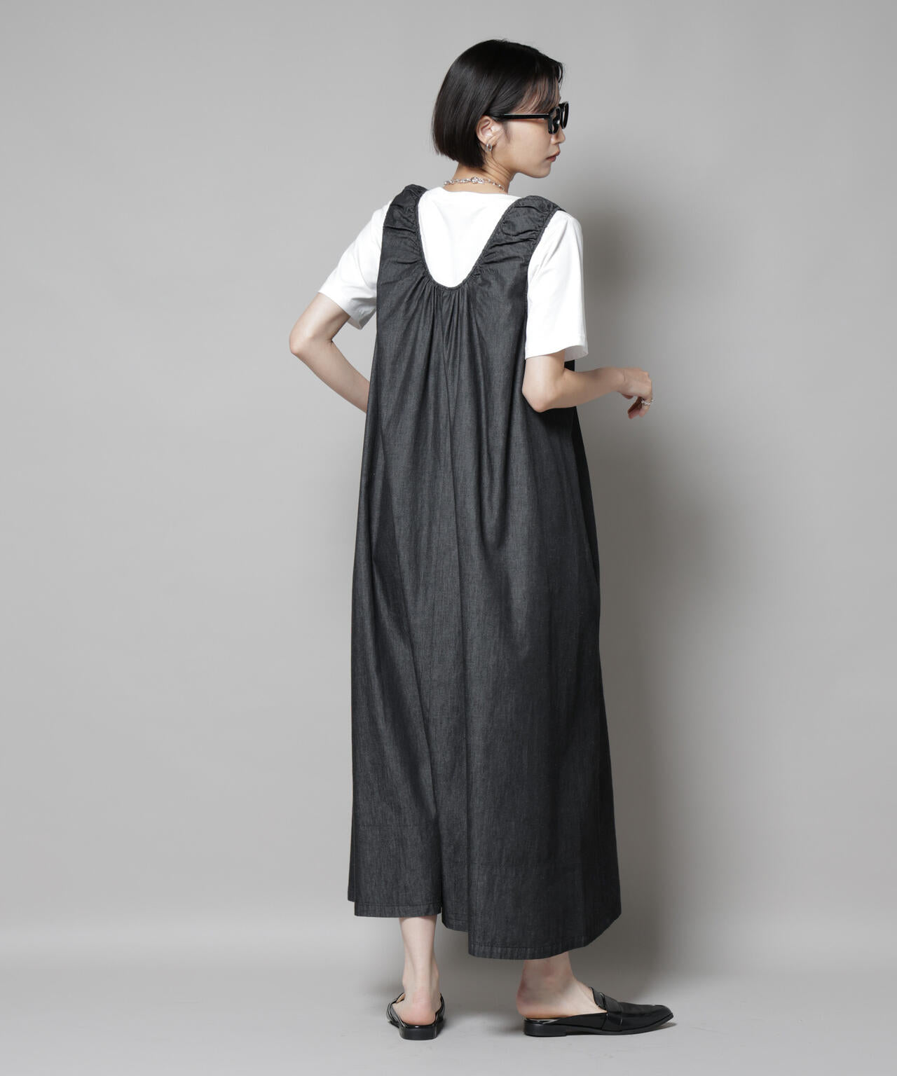 ギャザーデザインフレアデニムワンピース 6735219309