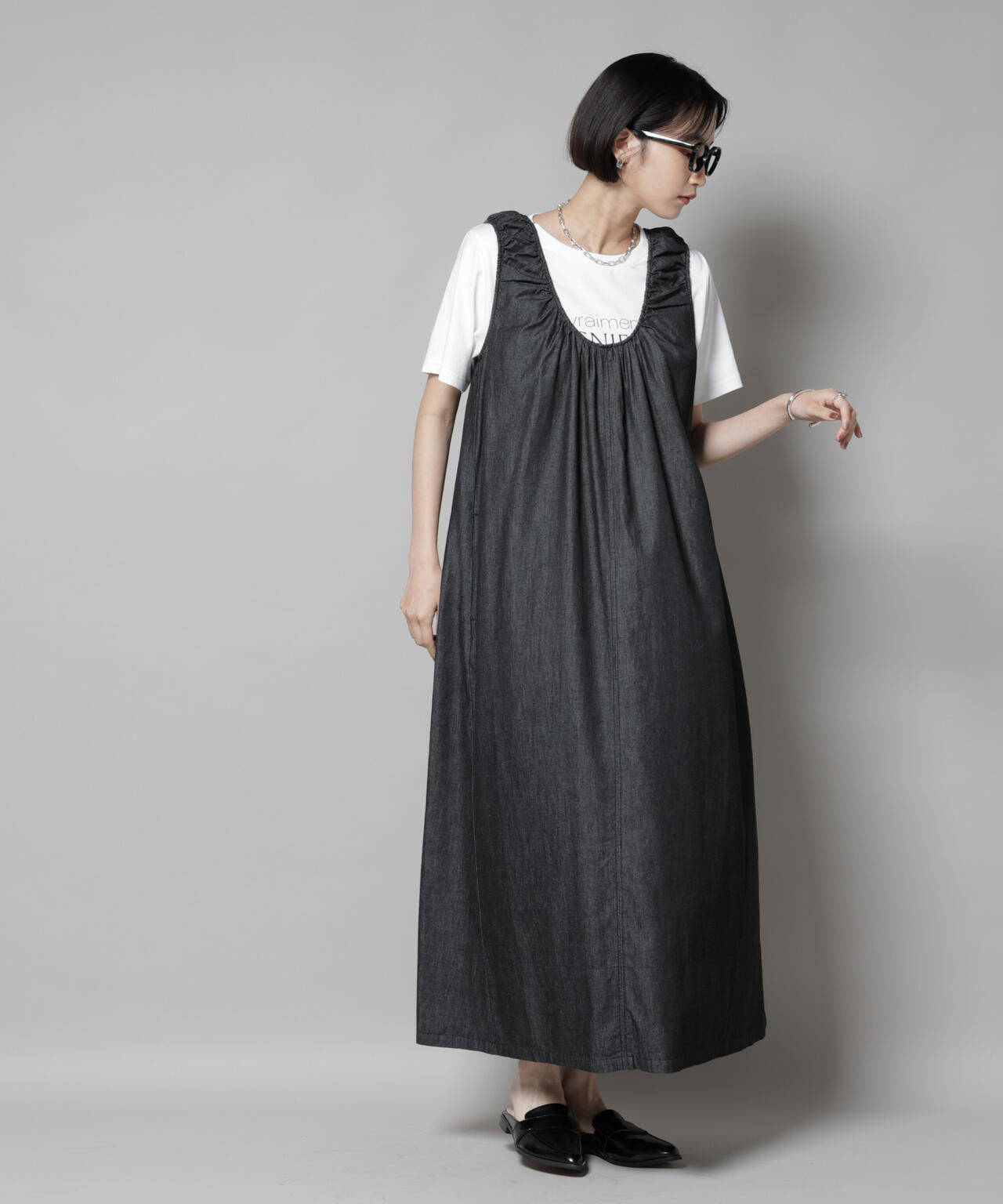 ギャザーデザインフレアデニムワンピース 6735219309