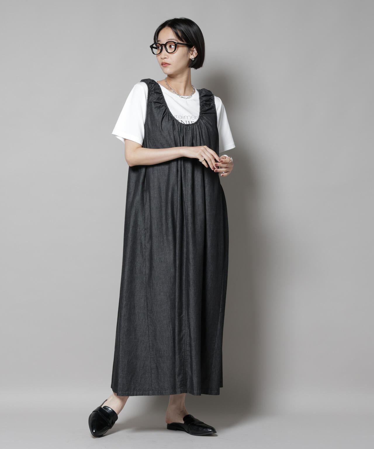 ギャザーデザインフレアデニムワンピース 6735219309