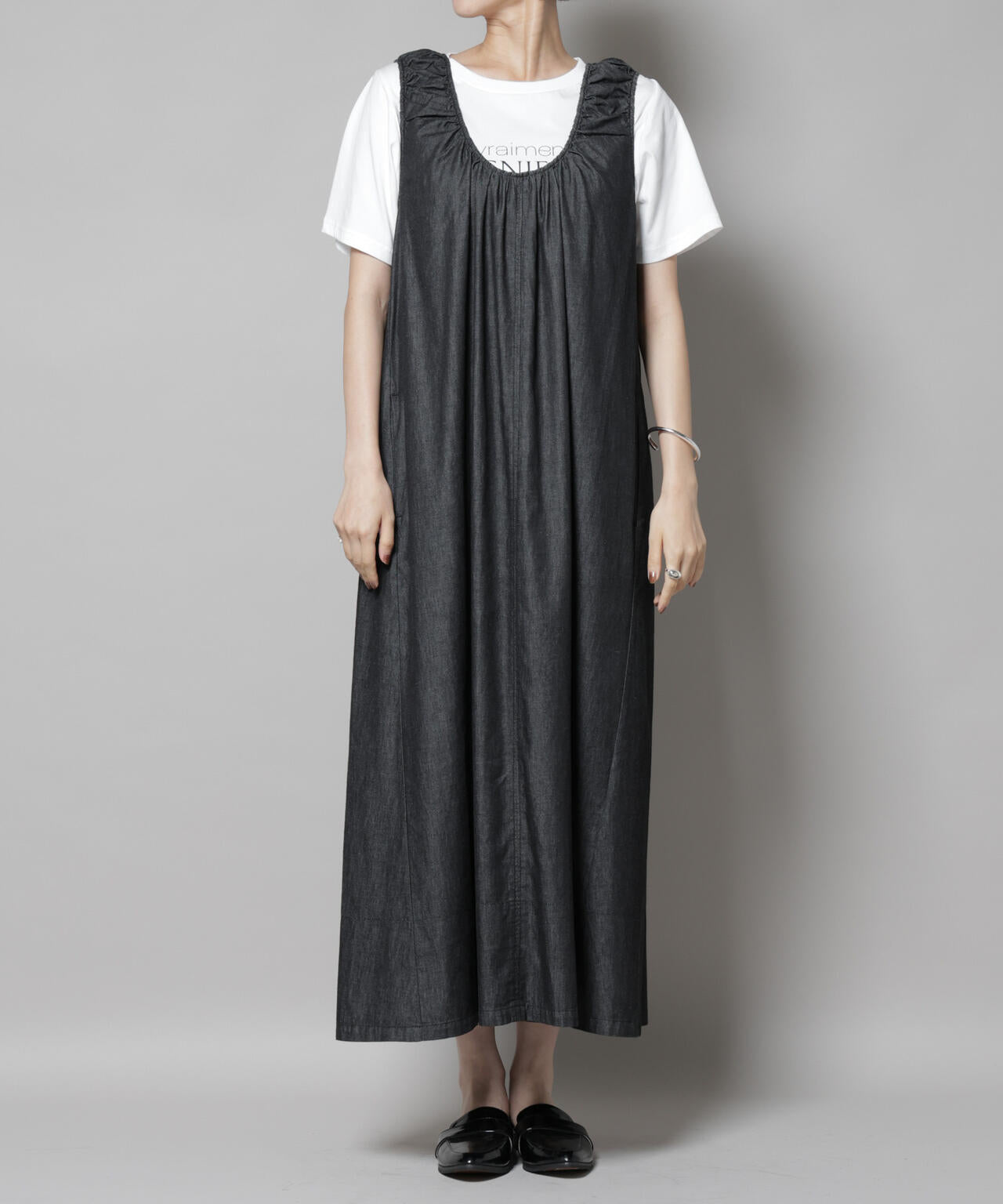 ギャザーデザインフレアデニムワンピース 6735219309