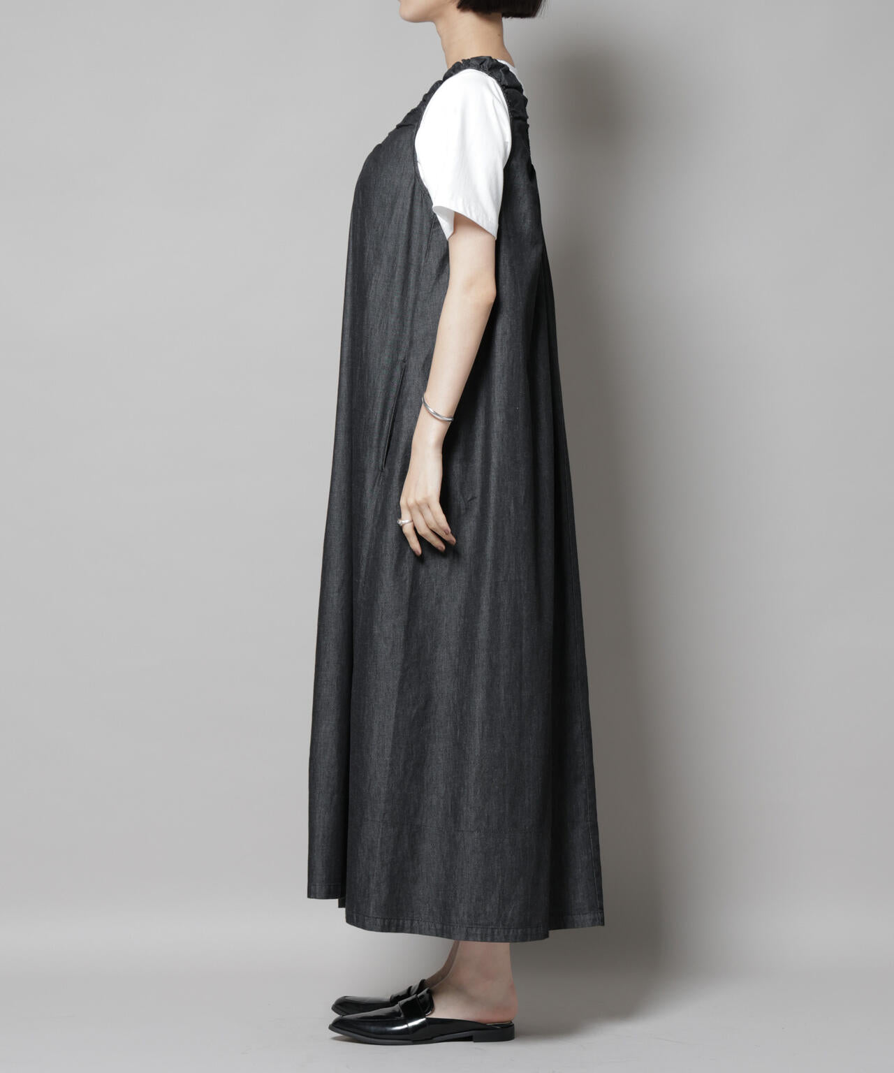 ギャザーデザインフレアデニムワンピース 6735219309