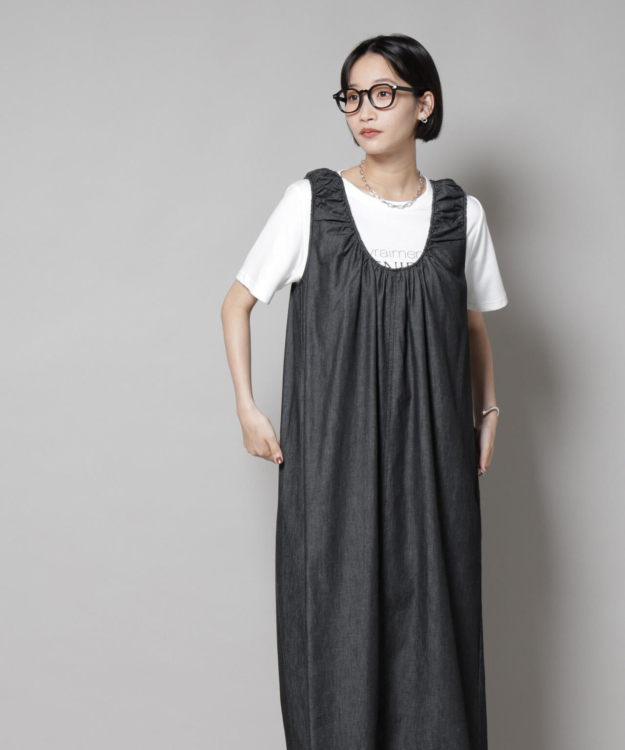 ギャザーデザインフレアデニムワンピース 6735219309