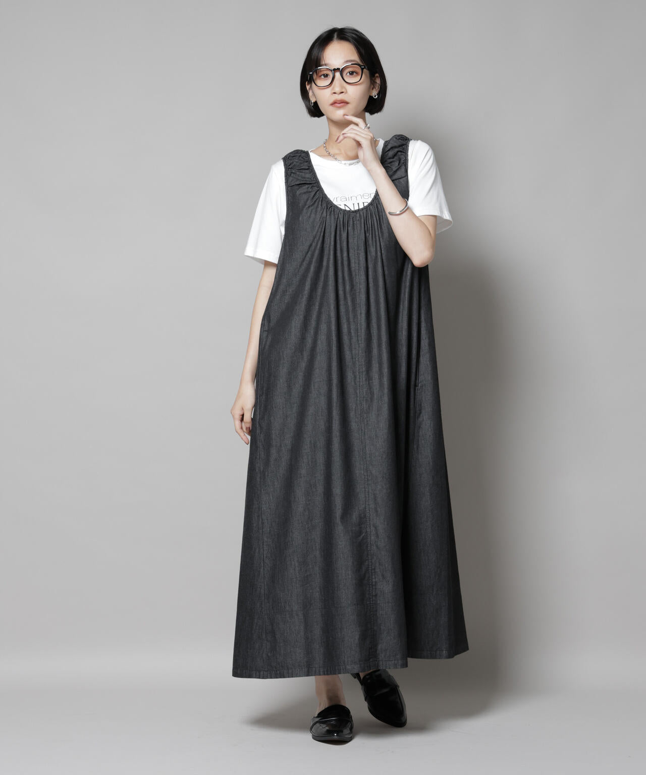 ギャザーデザインフレアデニムワンピース 6735219309