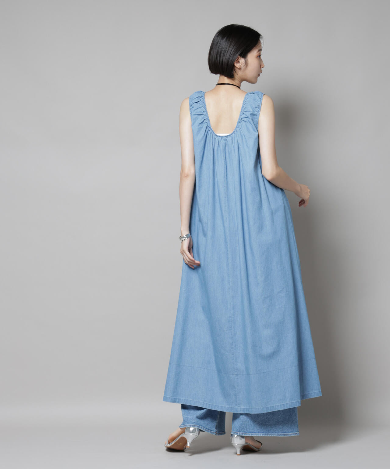 ギャザーデザインフレアデニムワンピース 6735219309