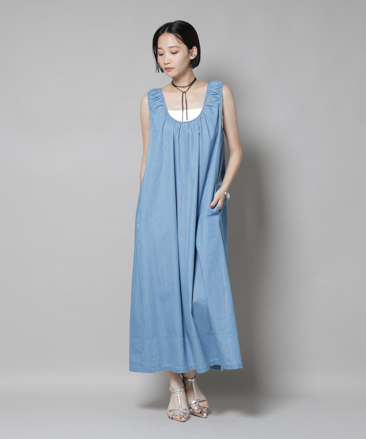 ギャザーデザインフレアデニムワンピース 6735219309