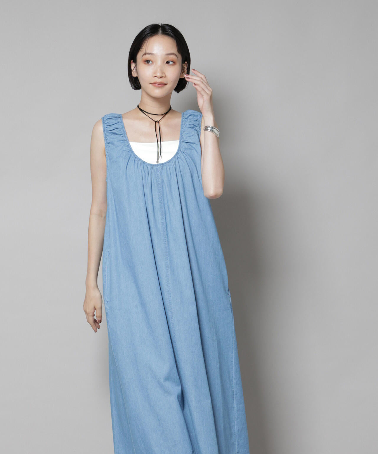 ギャザーデザインフレアデニムワンピース 6735219309