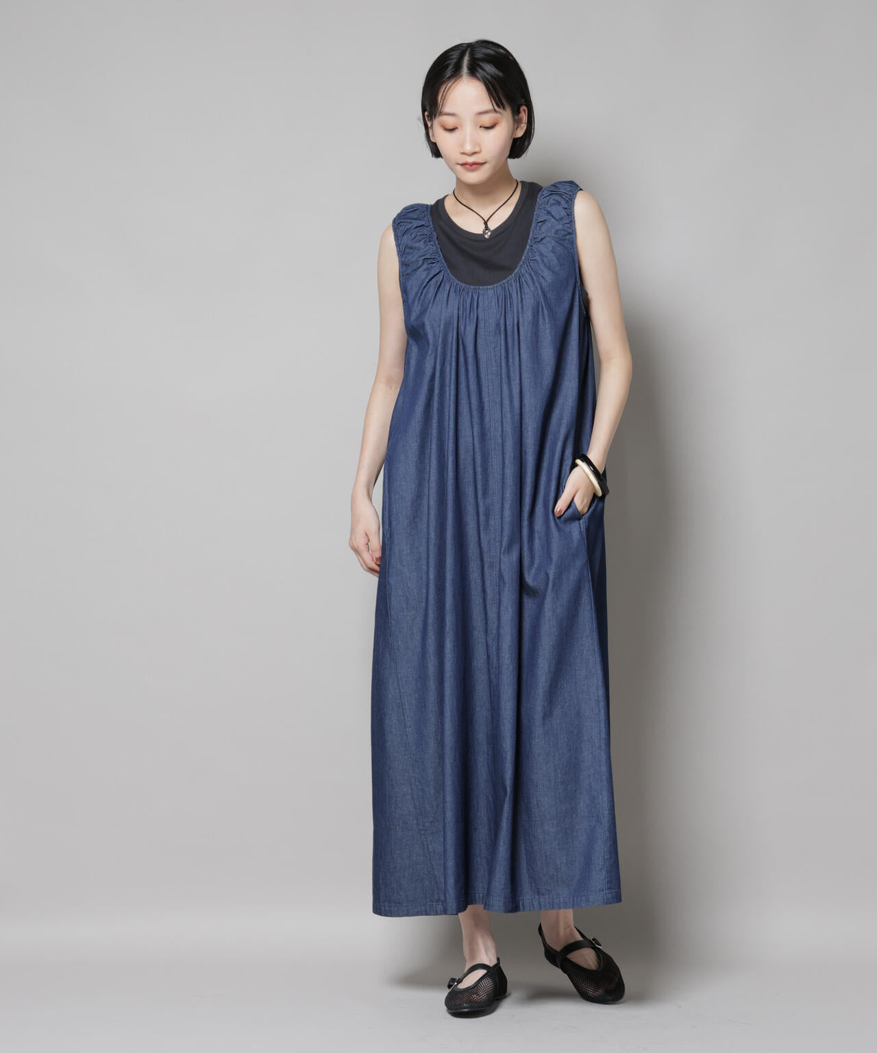 ギャザーデザインフレアデニムワンピース 6735219309