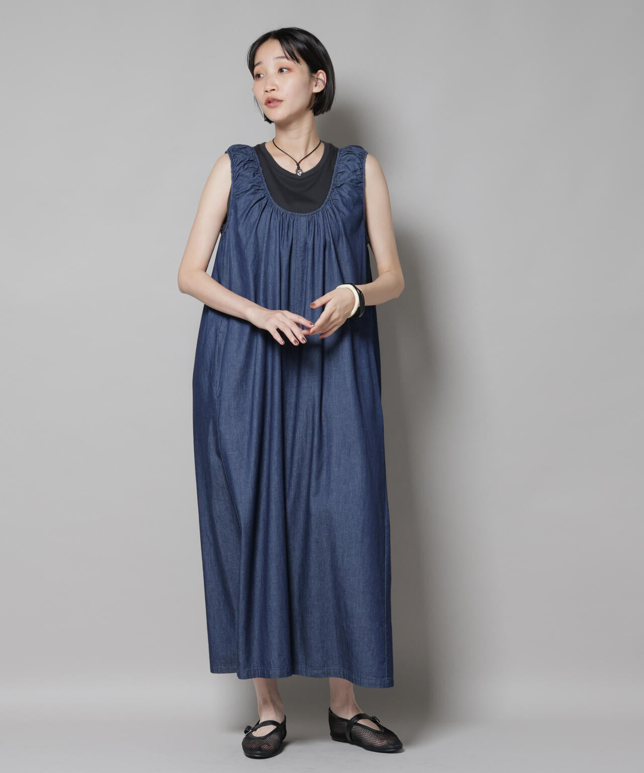 ギャザーデザインフレアデニムワンピース 6735219309