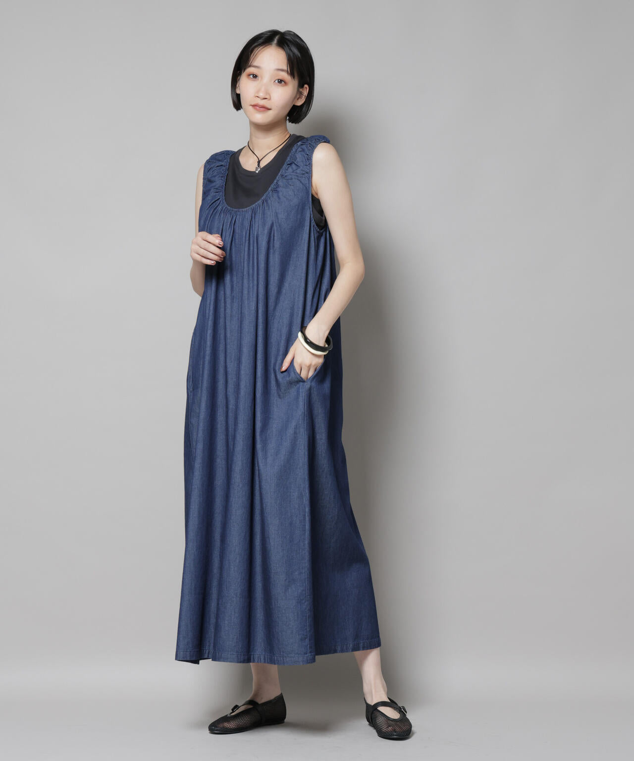 ギャザーデザインフレアデニムワンピース 6735219309