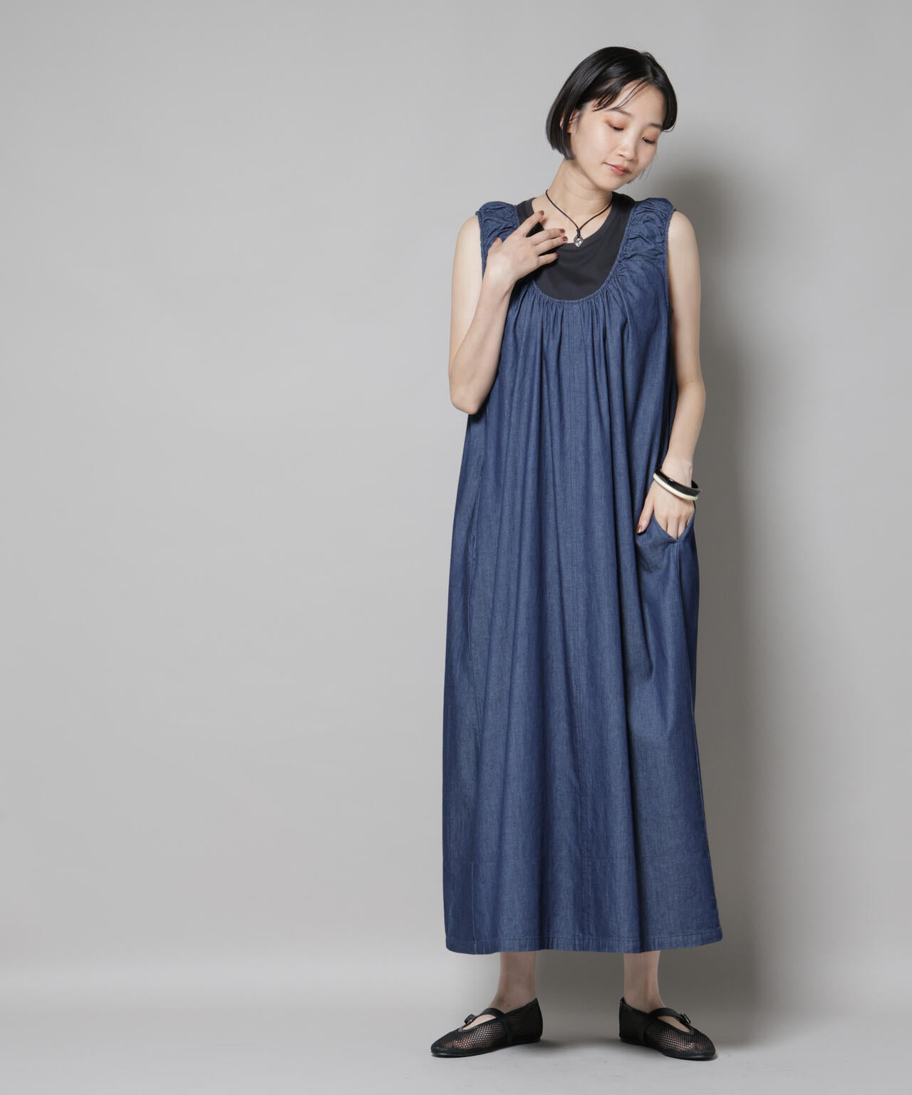 ギャザーデザインフレアデニムワンピース 6735219309