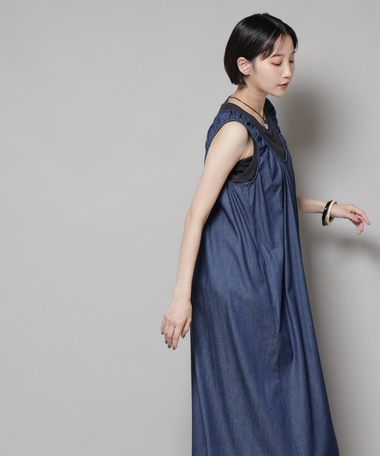 ギャザーデザインフレアデニムワンピース 6735219309