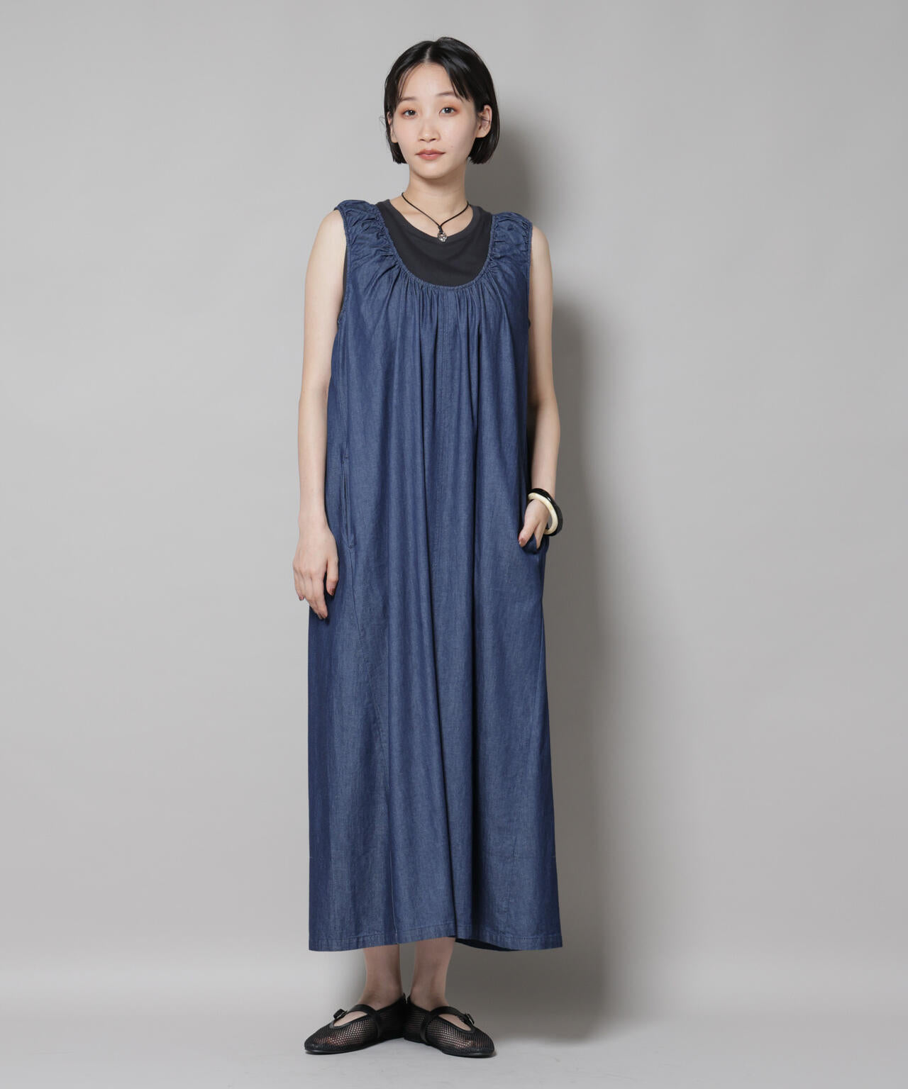 ギャザーデザインフレアデニムワンピース 6735219309