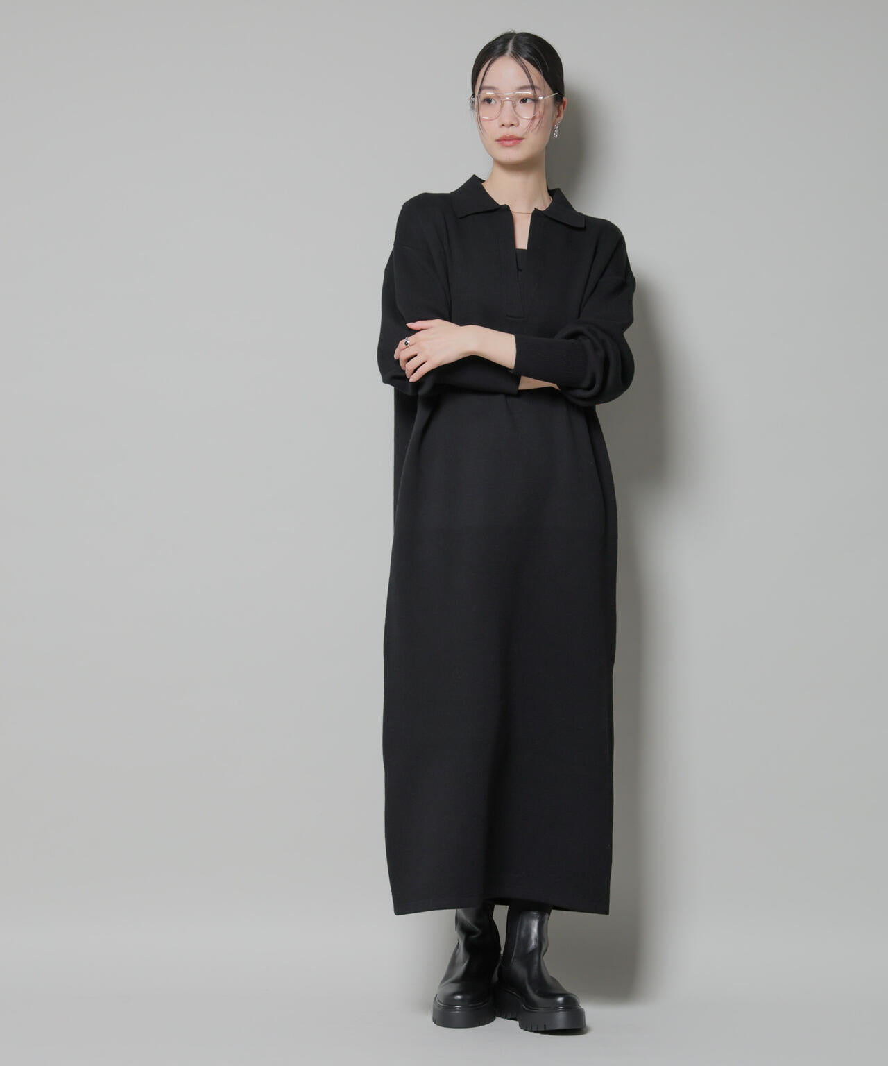 スウェットライク衿付きスキッパーニットワンピース 6735219328