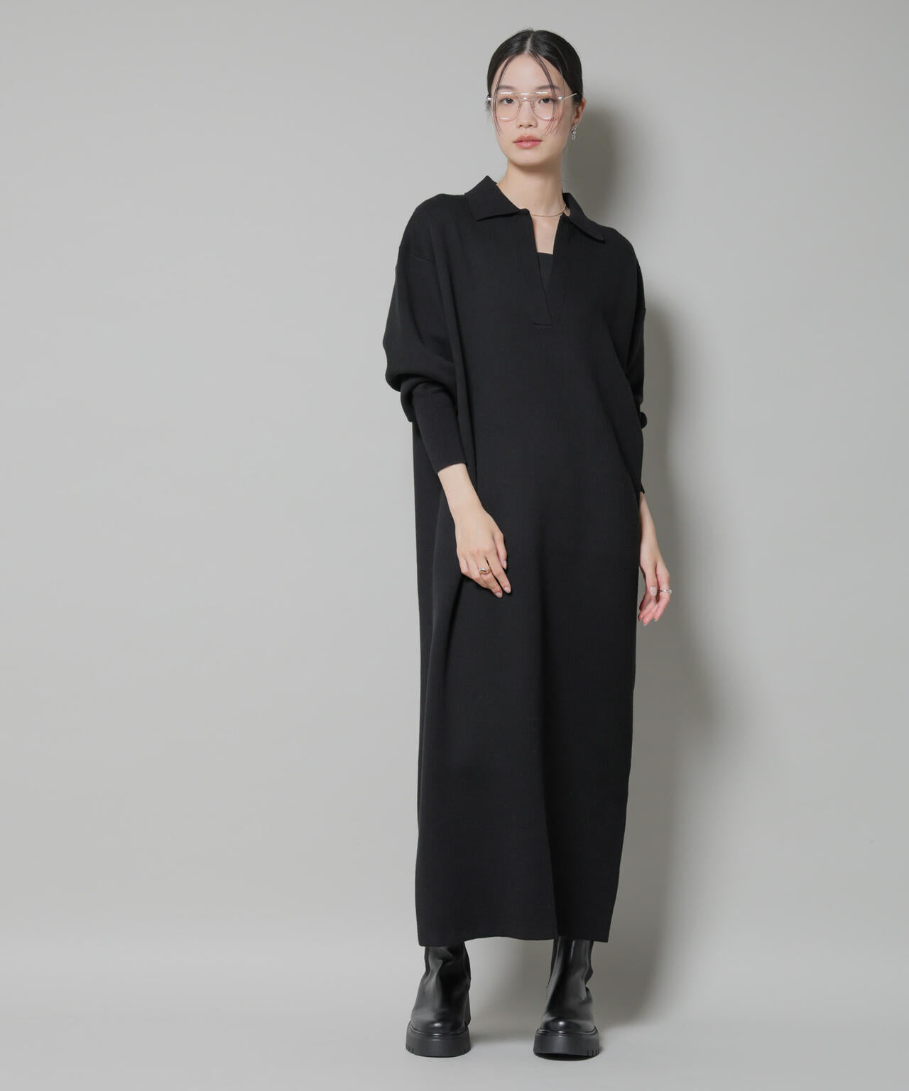 スウェットライク衿付きスキッパーニットワンピース 6735219328