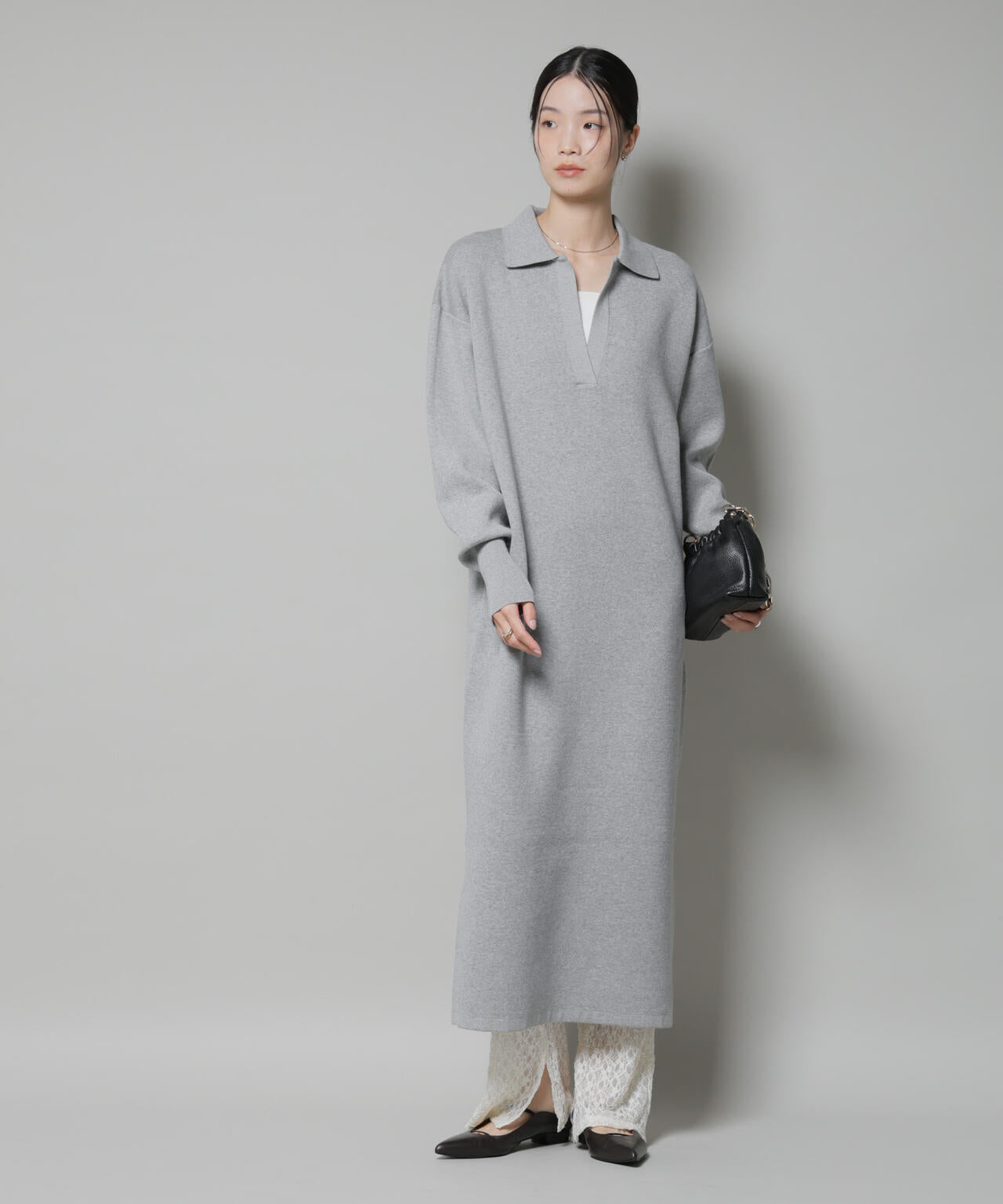 スウェットライク衿付きスキッパーニットワンピース 6735219328