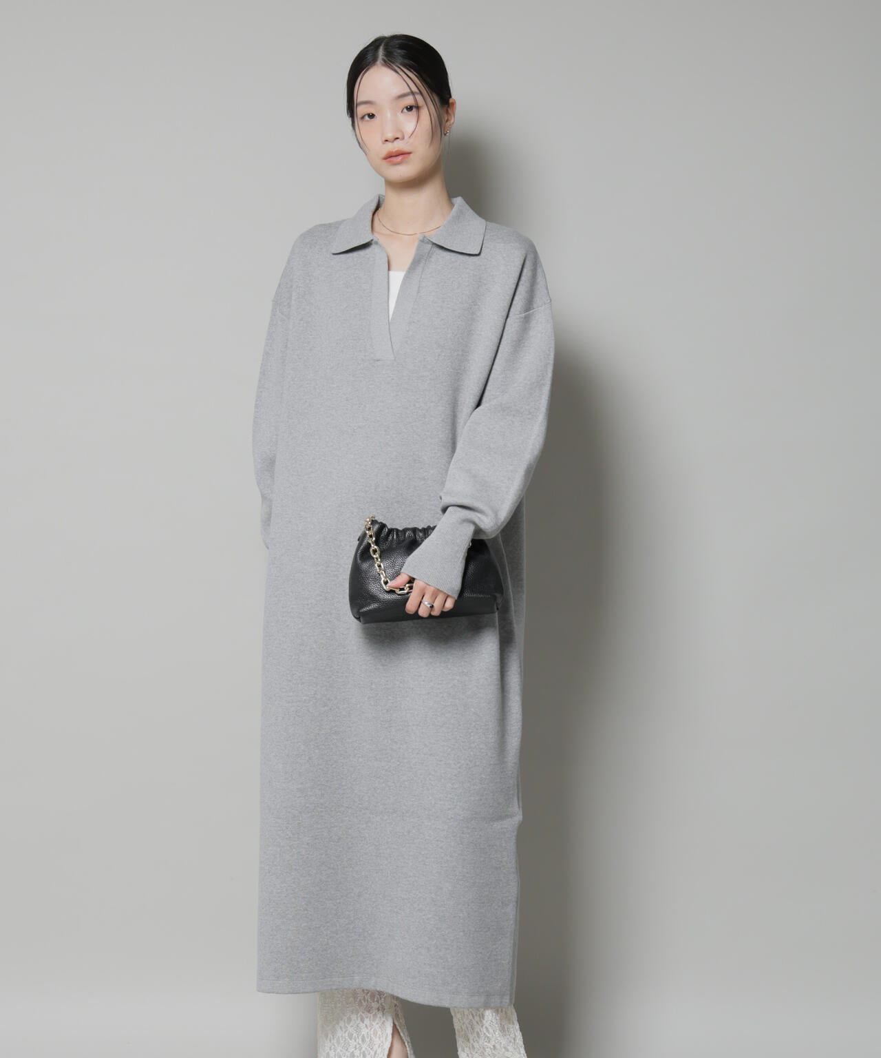 スウェットライク衿付きスキッパーニットワンピース 6735219328