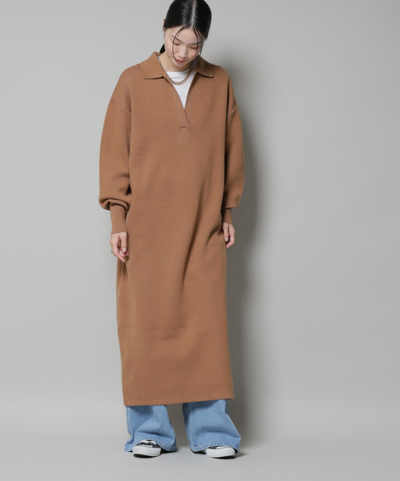 スウェットライク衿付きスキッパーニットワンピース 6735219328