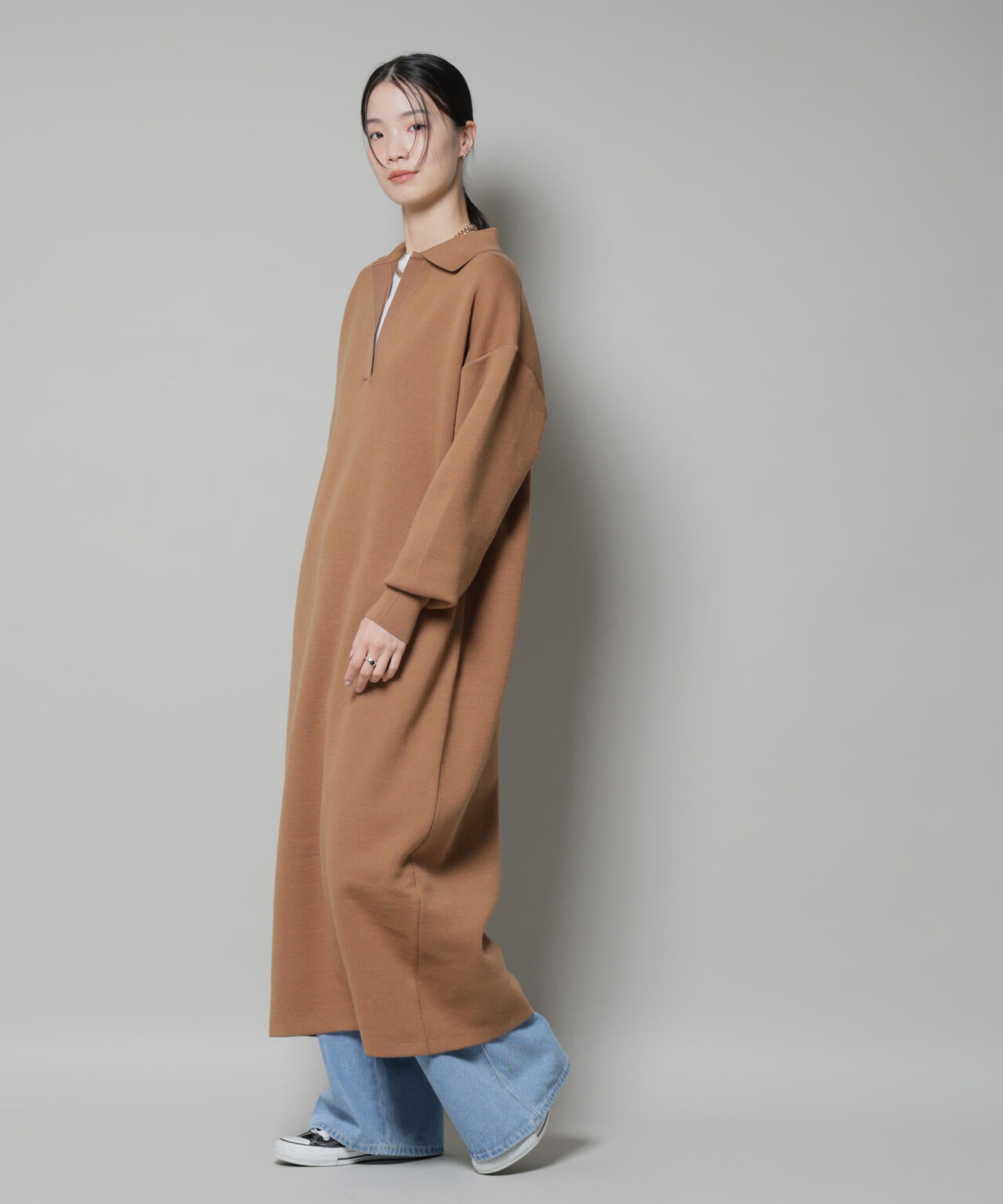 スウェットライク衿付きスキッパーニットワンピース 6735219328