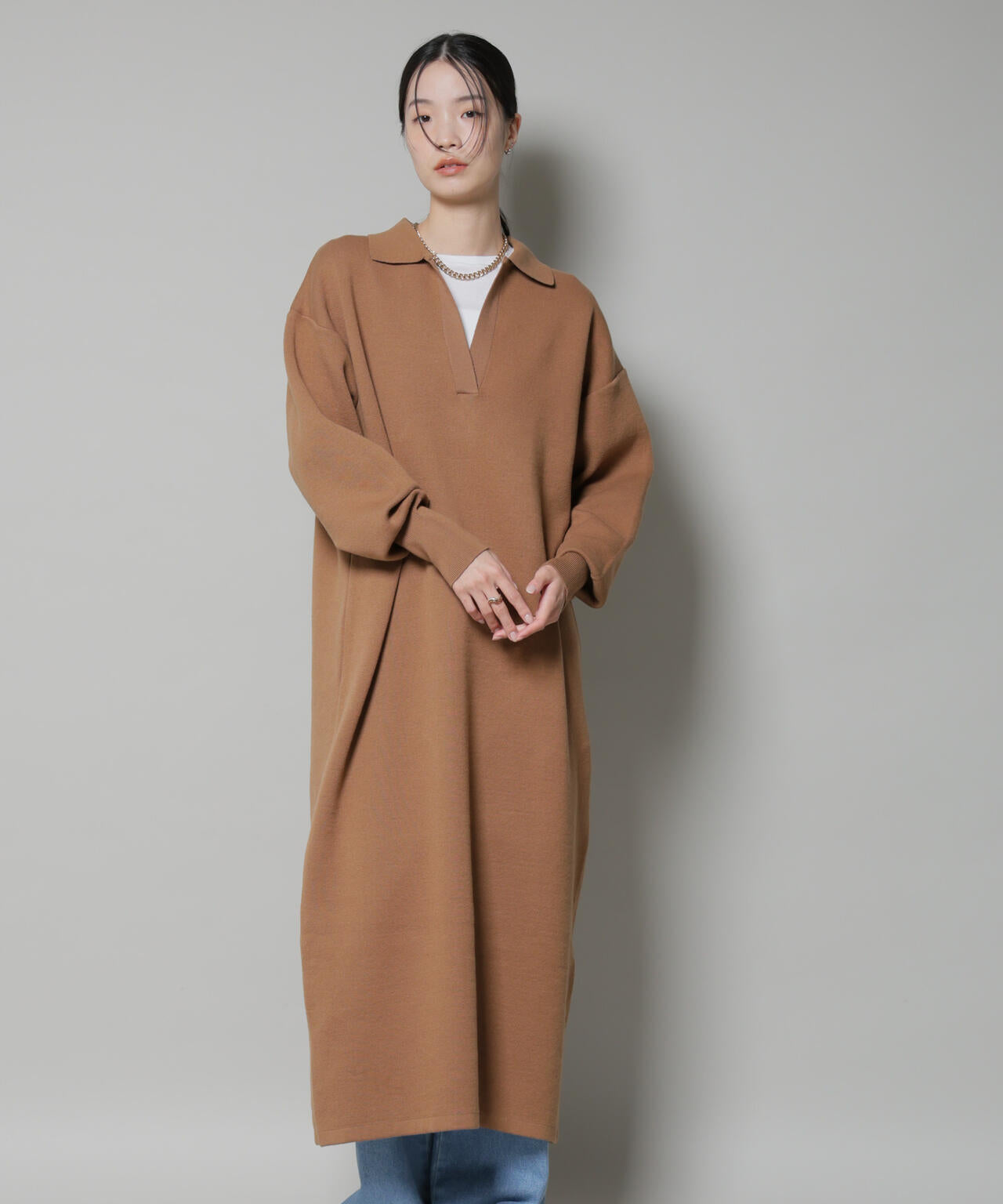 スウェットライク衿付きスキッパーニットワンピース 6735219328