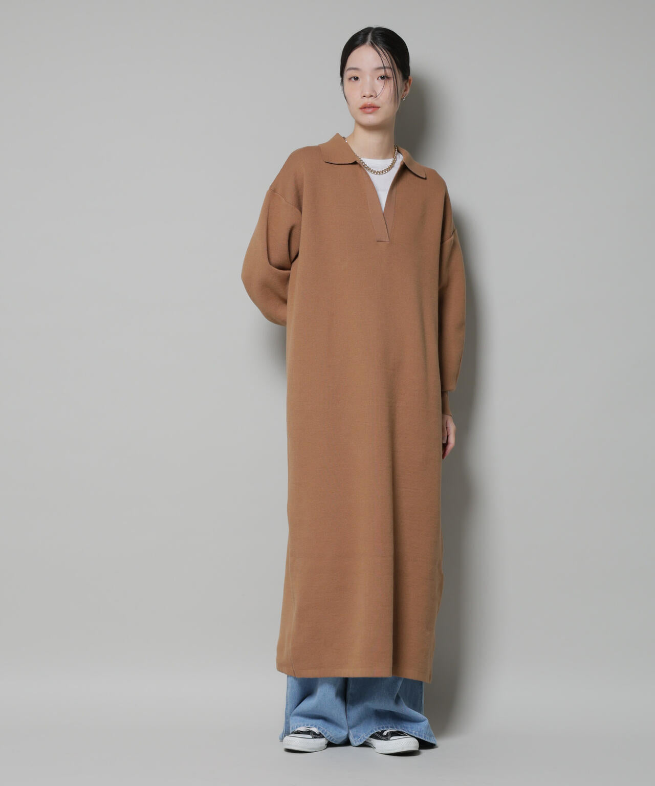 スウェットライク衿付きスキッパーニットワンピース 6735219328