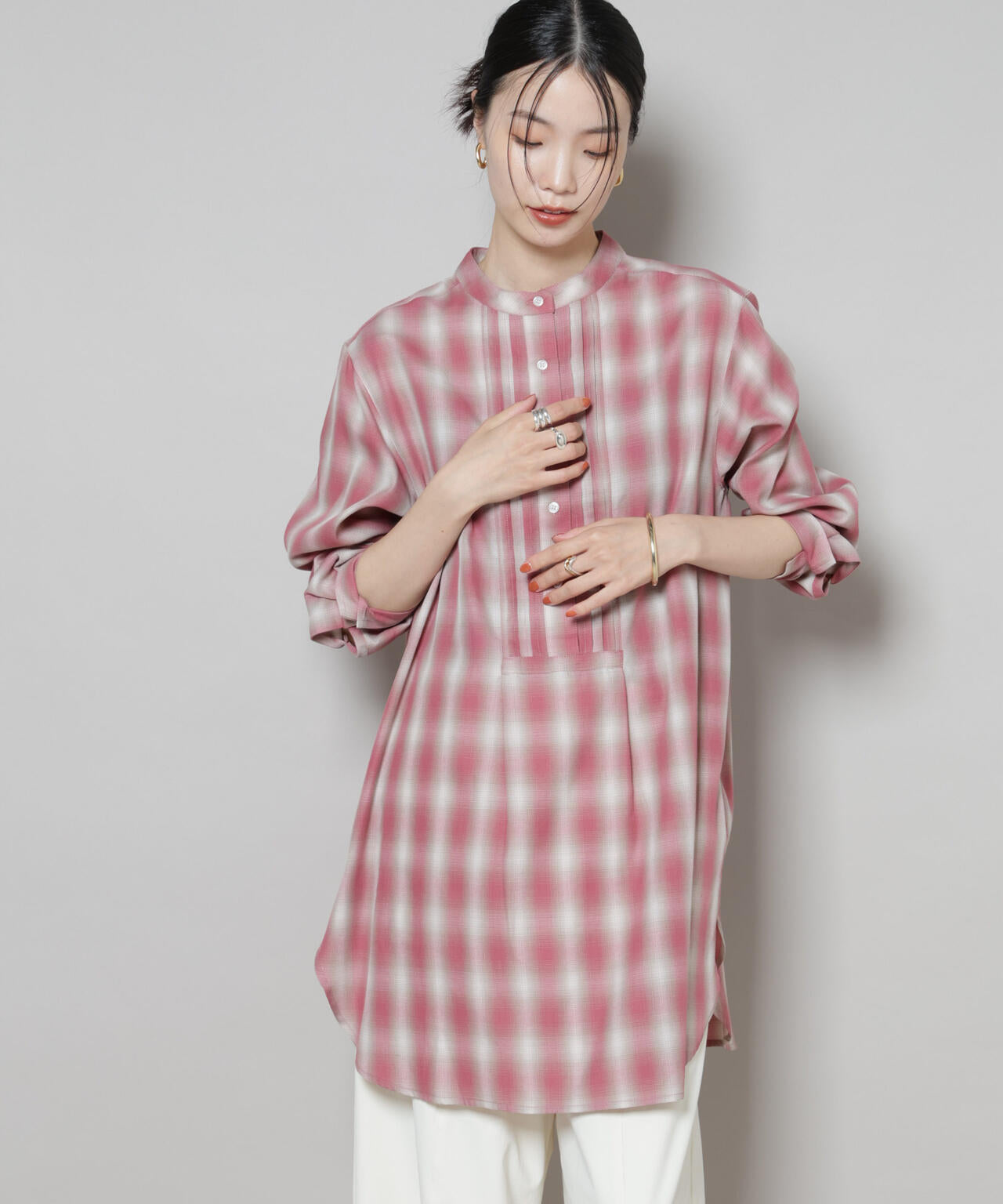 ピンタック デザインチェック プルオーバー ブラウス