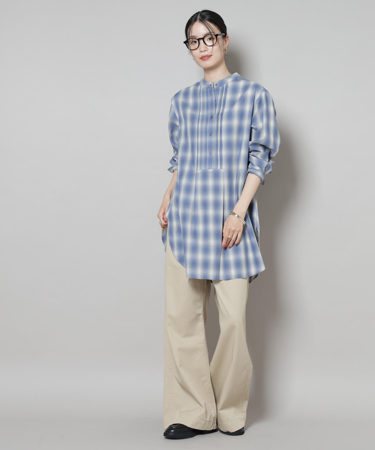 ピンタックデザインチェックプルオーバーブラウス 6735220304