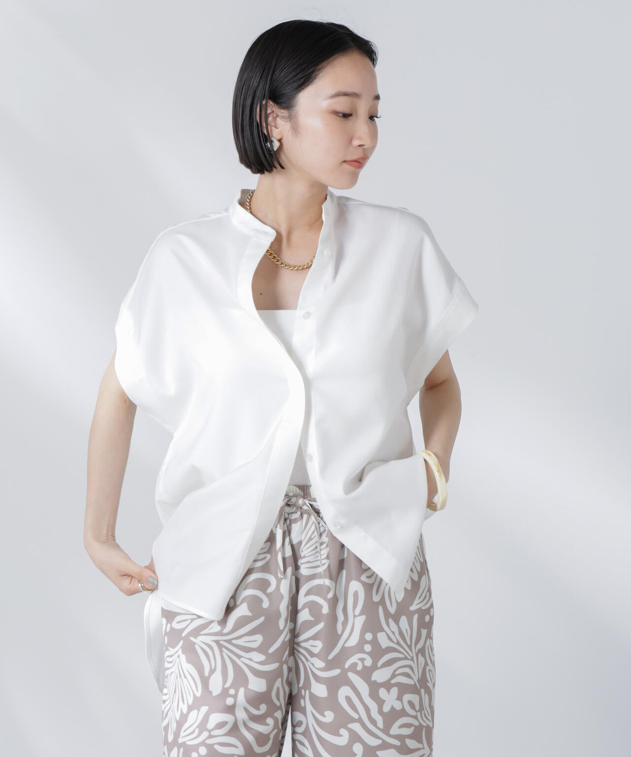 バンドカラーノースリーブシャツ(セットアップ可) 6735221302