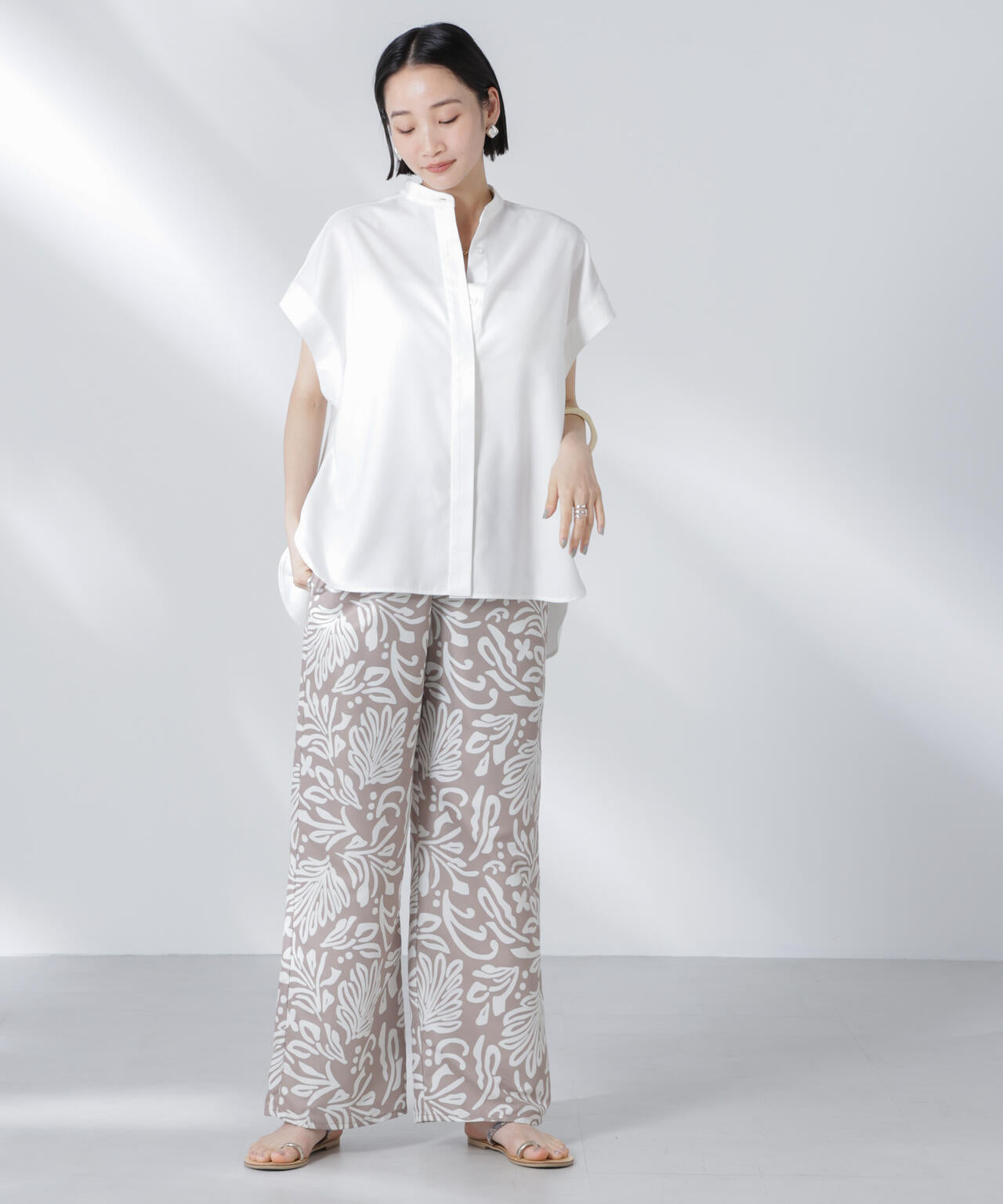 バンドカラーノースリーブシャツ(セットアップ可) 6735221302