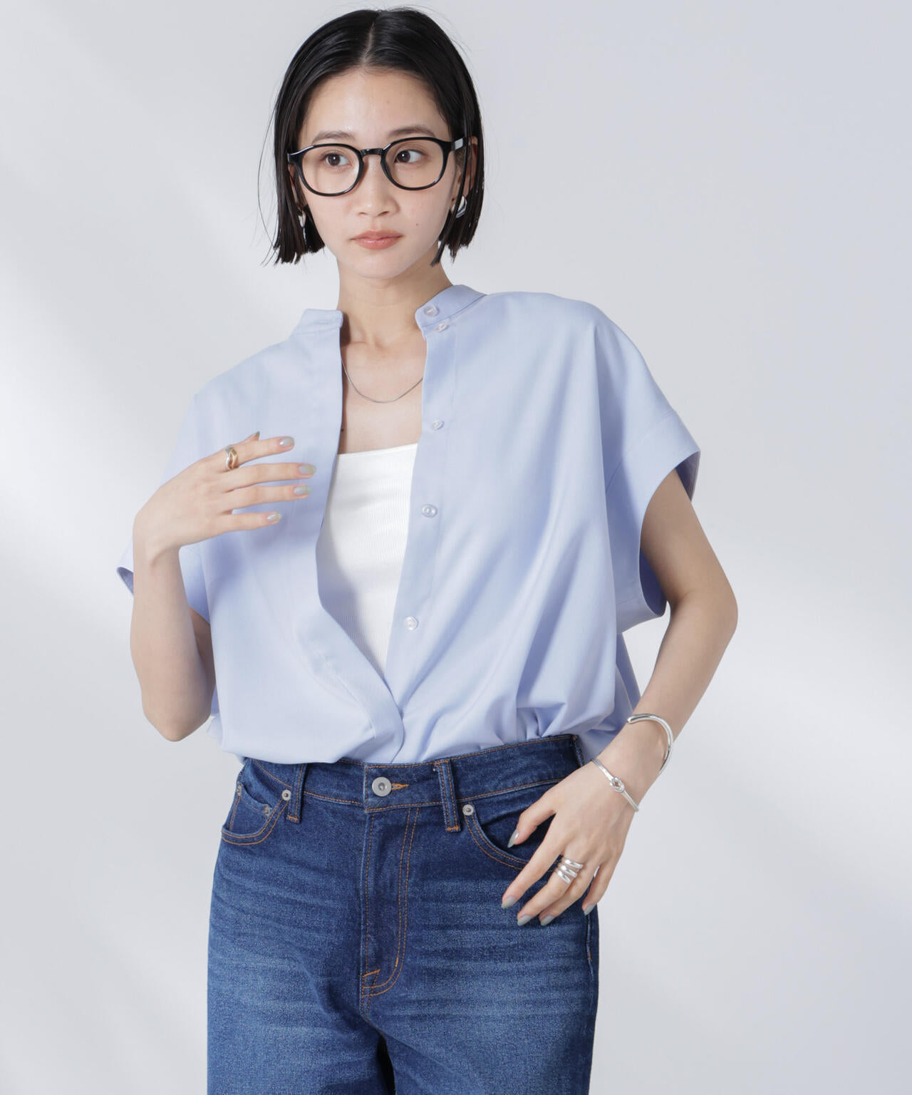 バンドカラーノースリーブシャツ(セットアップ可) 6735221302