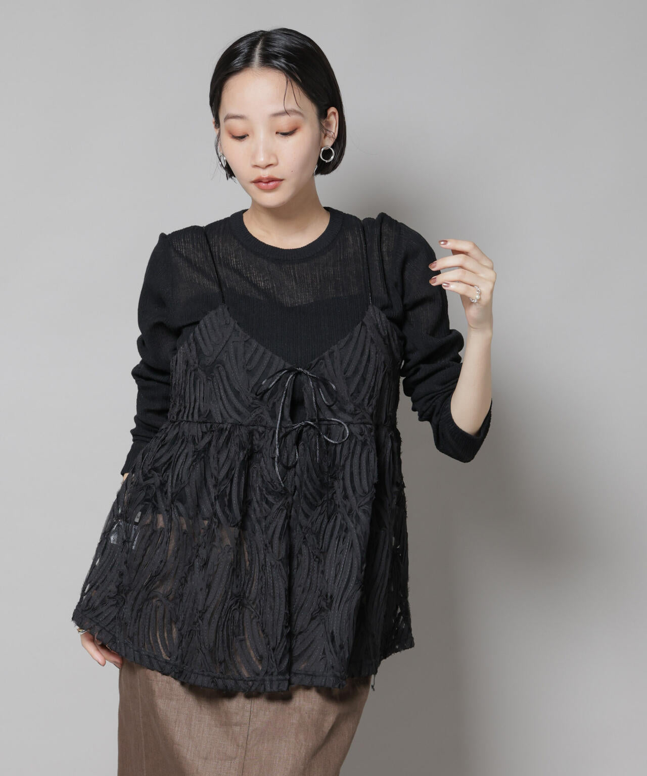 テープ刺繍チュール前後2wayキャミソールビスチェ(セットアップ可) 6735221308