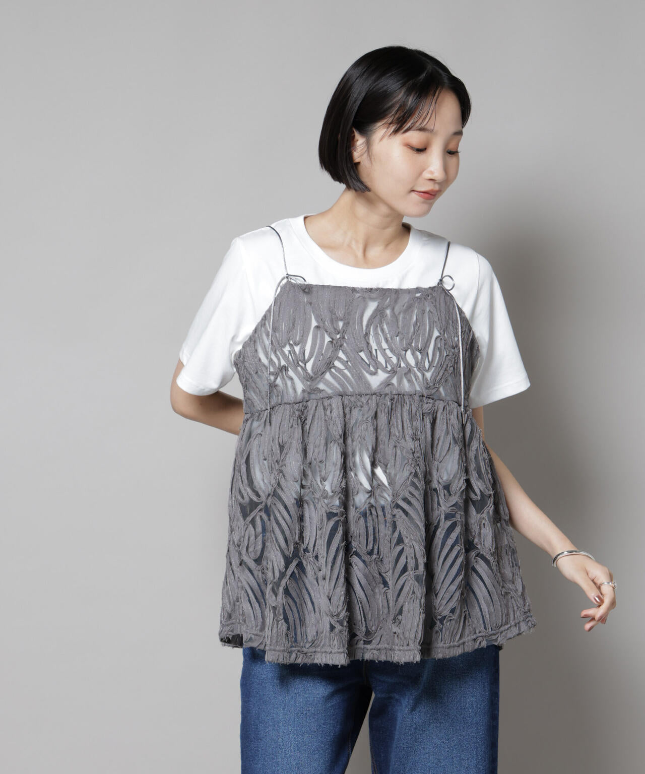 テープ刺繍チュール前後2wayキャミソールビスチェ(セットアップ可) 6735221308