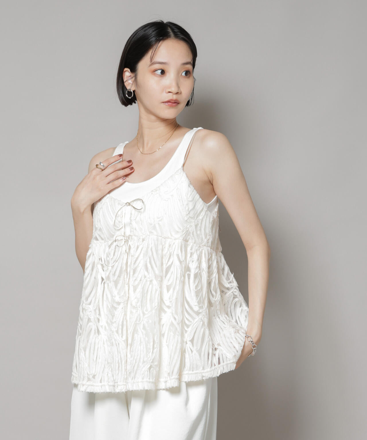 テープ刺繍チュール前後2wayキャミソールビスチェ(セットアップ可) 6735221308