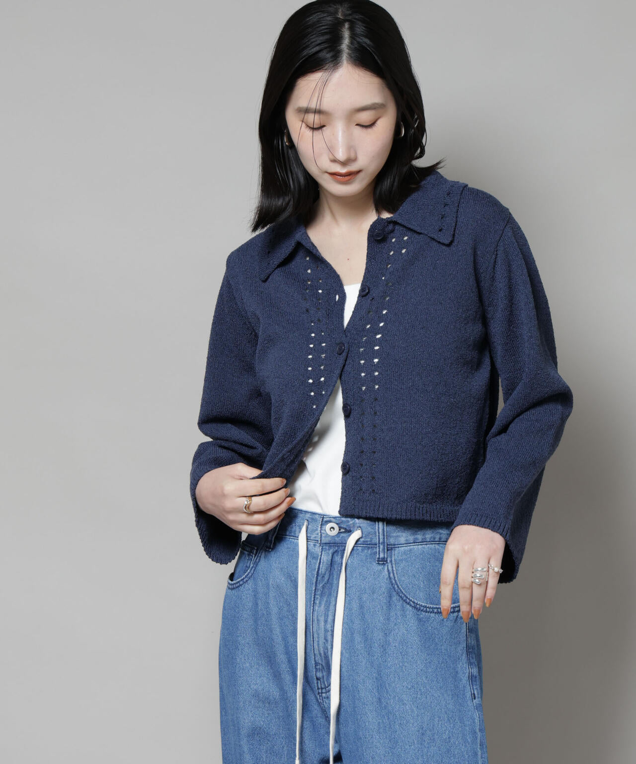 衿付アイレットクロップドニットカーディガン 6735222331