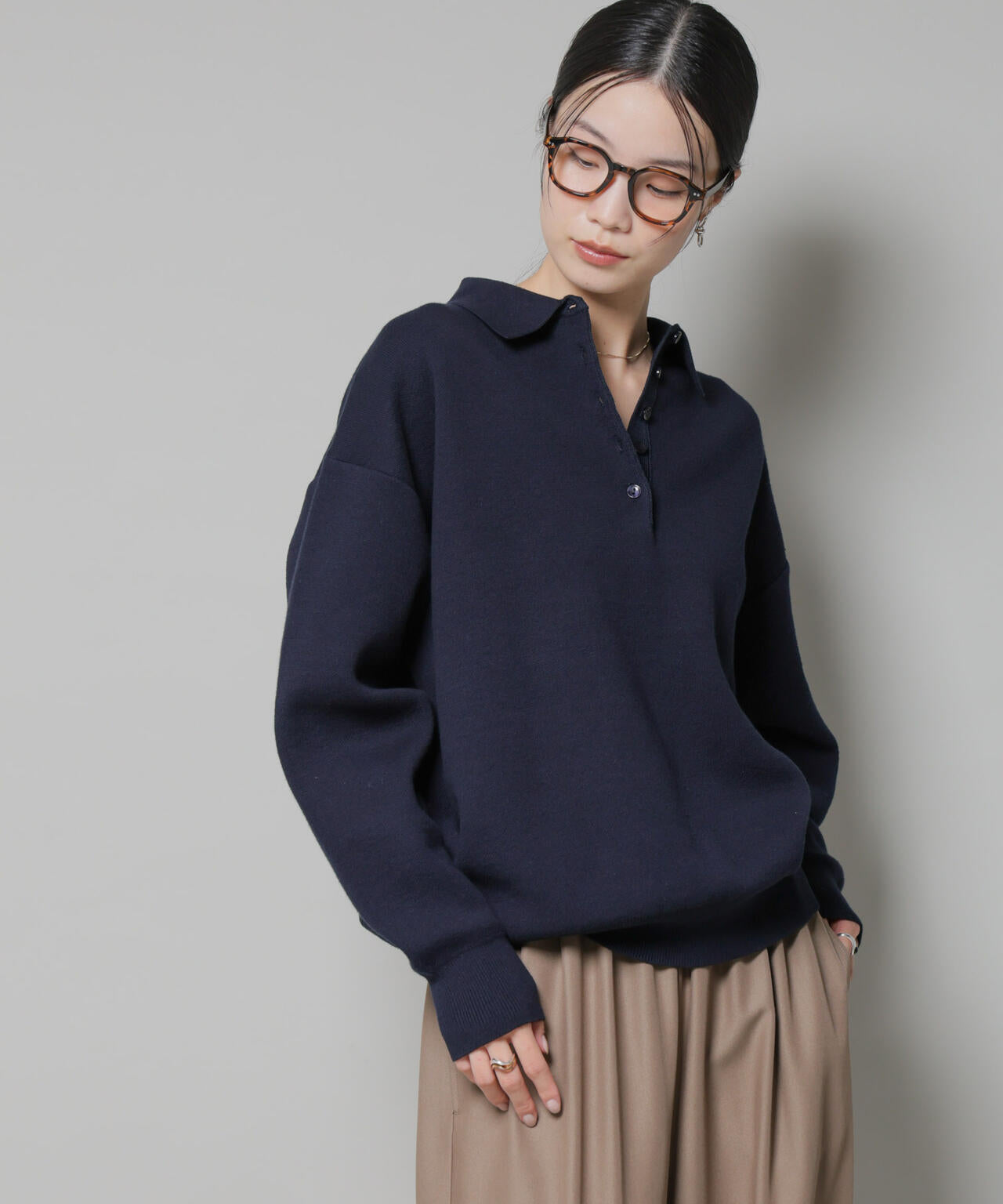スウェット ライク 衿付き ボタン ニット
