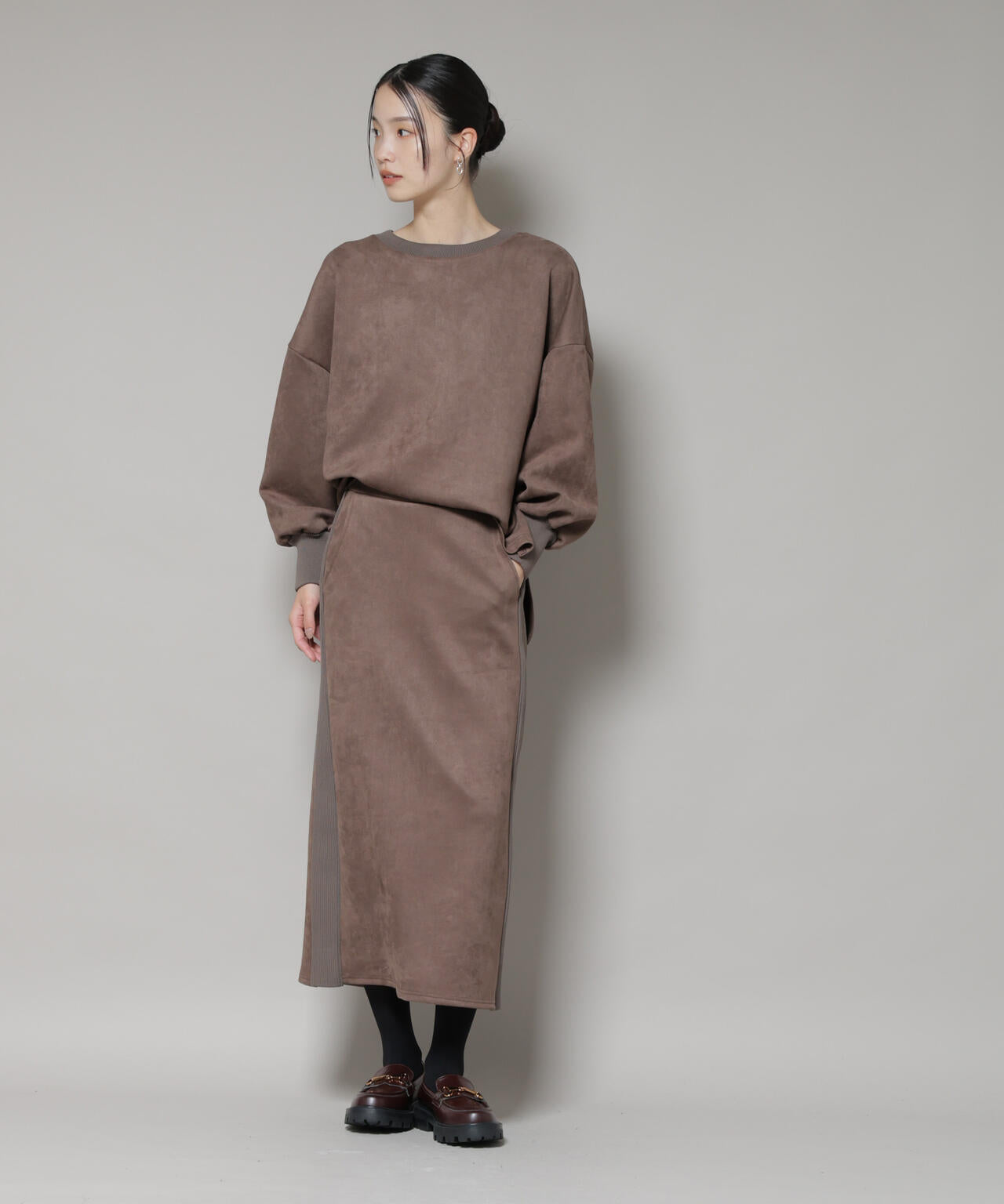 カットスエードサイドニットラインナロースカート(セットアップ可) 6735230313