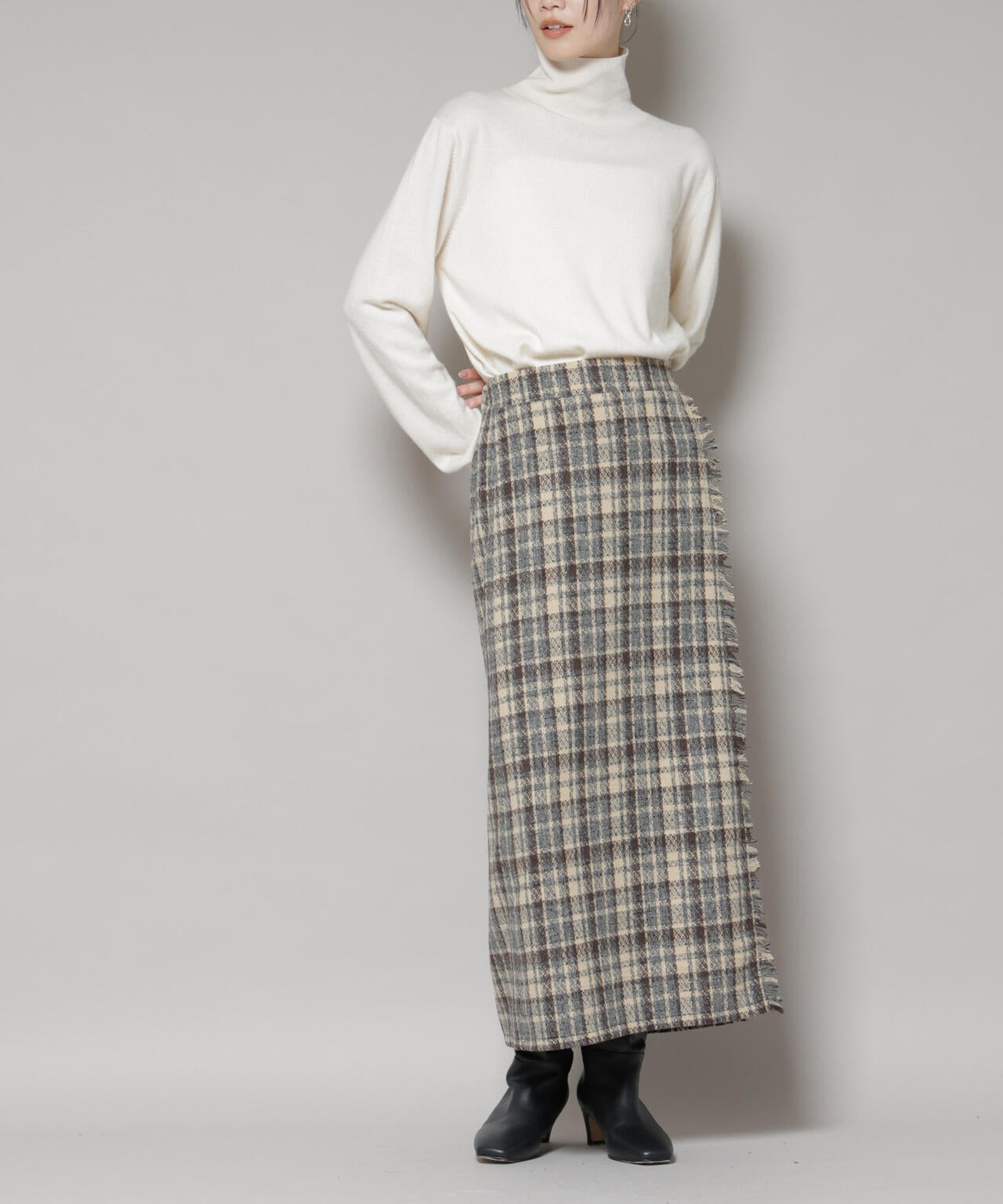 チェック フリンジ ラップ風 スカート ( セットアップ 可)