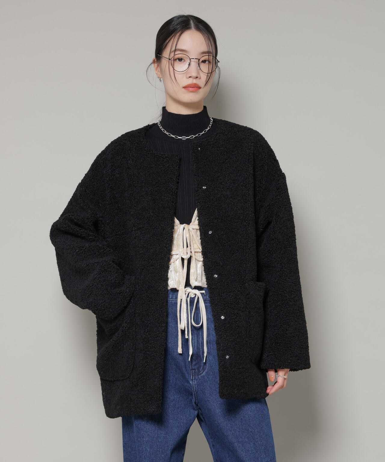 ソフトボアノーカラーミドルコート 6736111301