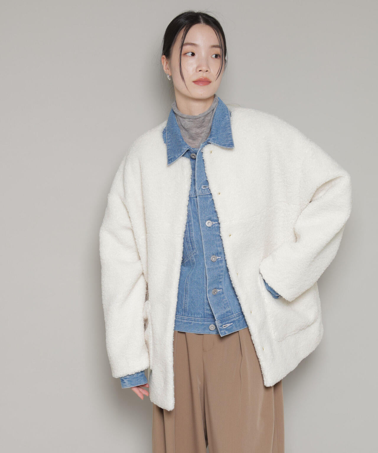 ソフトボアノーカラーミドルコート 6736111301