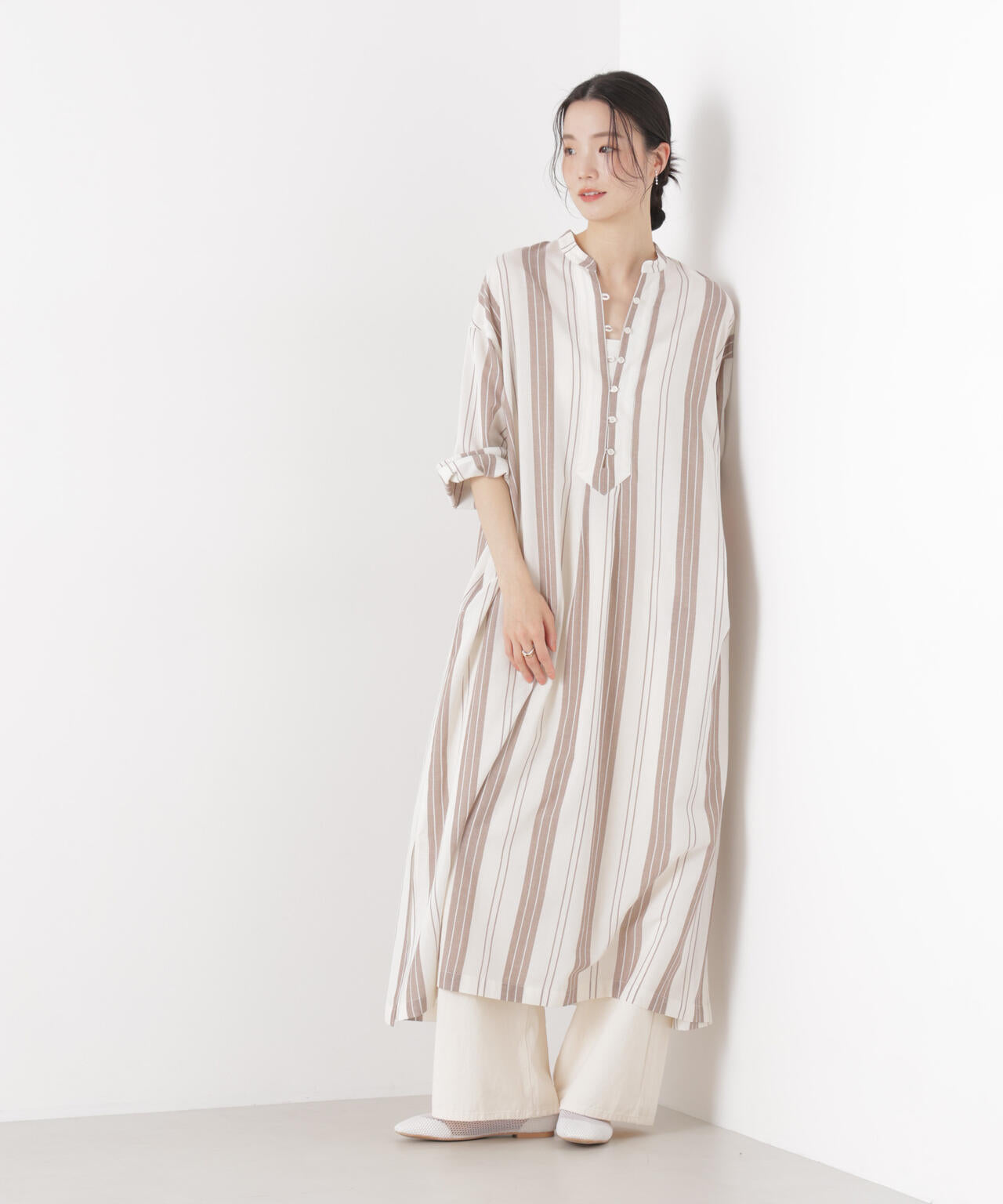 マシンウォッシャブルリネン混 スタンドカラーワンピース 6736119313