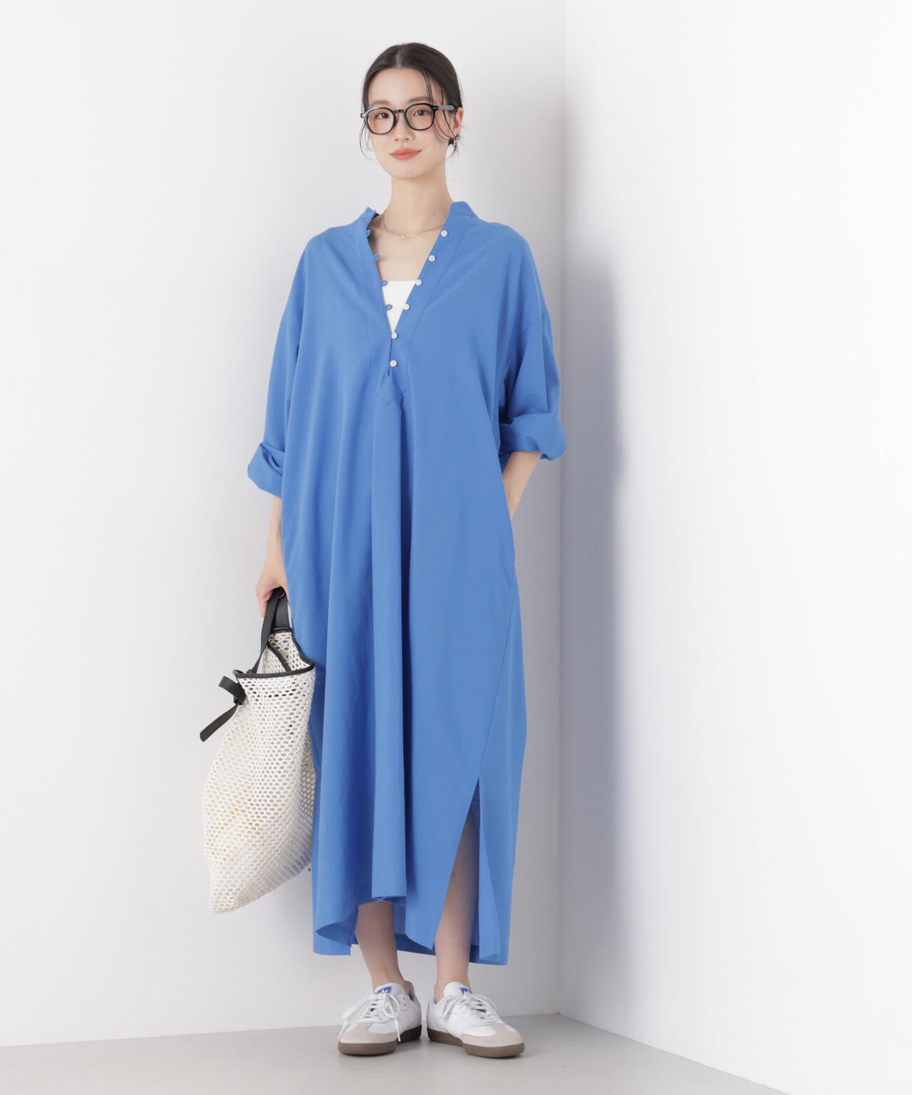 マシンウォッシャブルリネン混 スタンドカラーワンピース 6736119313