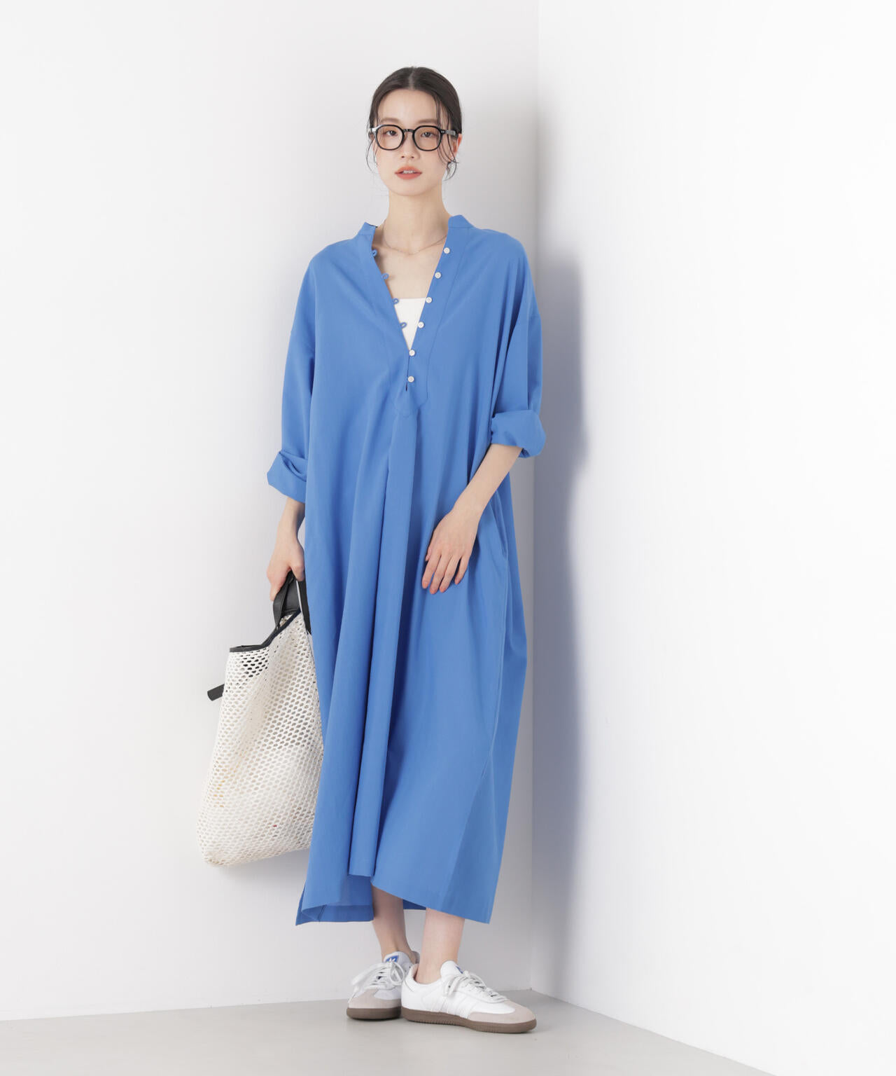マシンウォッシャブルリネン混 スタンドカラーワンピース 6736119313