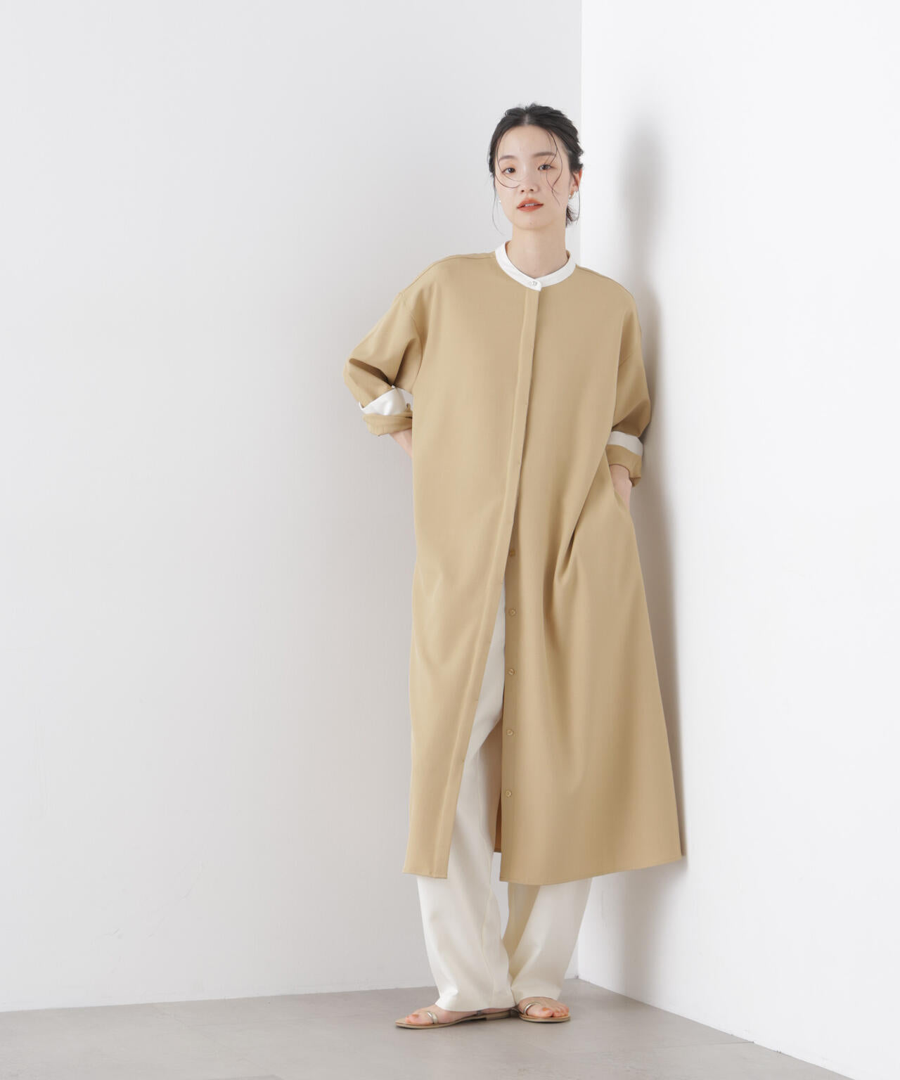 バイカラーフレアスタンドカラーワンピース 6736119314