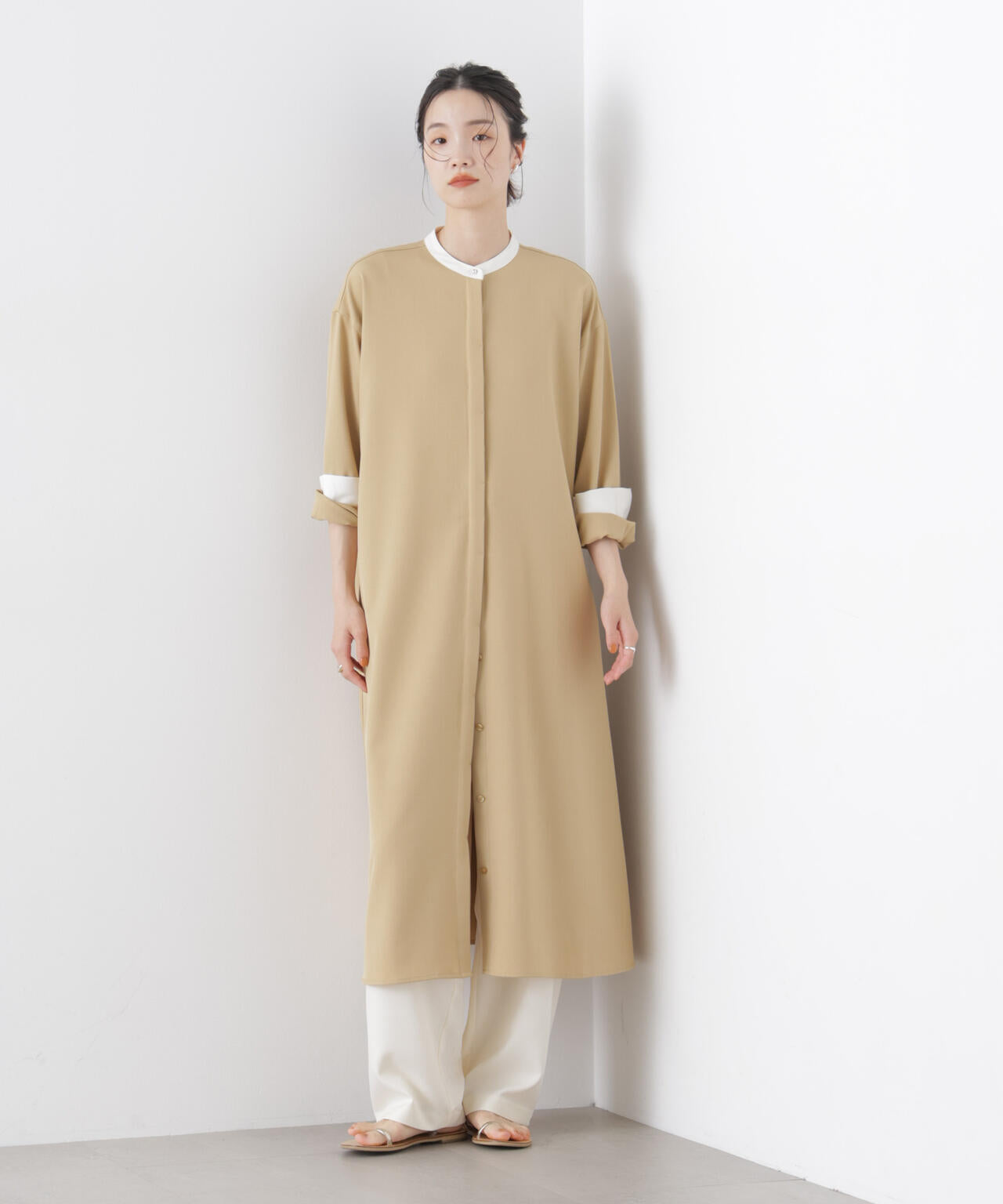 バイカラーフレアスタンドカラーワンピース 6736119314